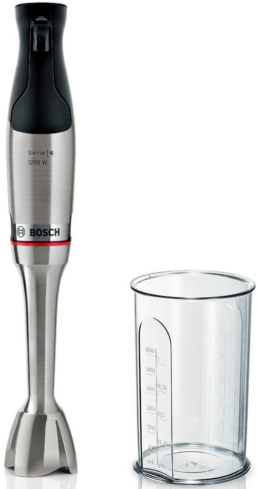 BOSCH Stabmixer ErgoMaster Serie 6 MSM6M810, 4 Klingen, Mixfuß Edelstahl, schwarz, 1200 W, Becher, großer Bedienhebel, Keramikkupplung, 10 J Motorgarantie