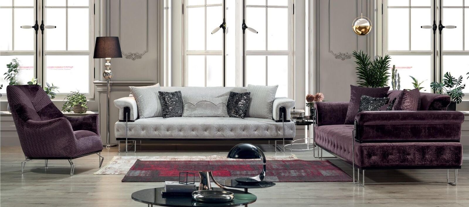 JVmoebel Sofa Luxus Garnitur Sofagarnitur 3+3+1Sitz Sofa Sofas Sessel Holz mit, 3 Teile