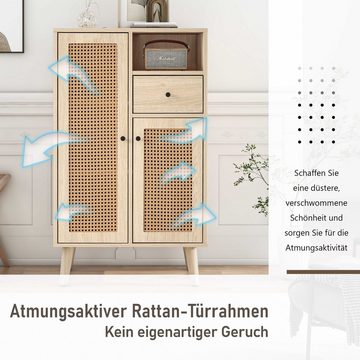BlingBin Sideboard Eckschrank, Kommode (1 St., 2 Rattantüren, 1 Schublade, Massivholzbeine In Trapezform), Verstellbare Regalböden, 60×40×101cm