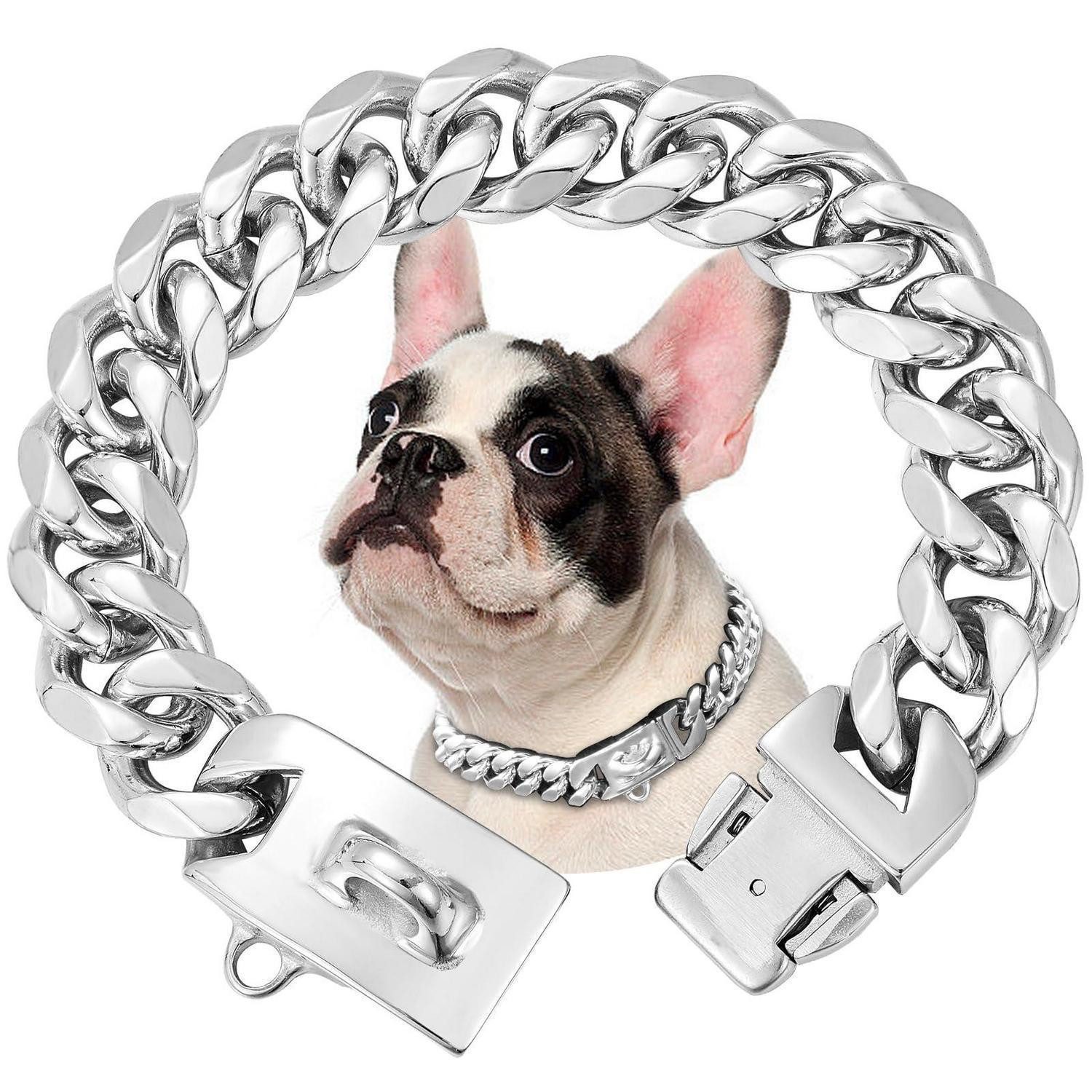 LuxusKollektion Hunde-Halsband Hundehalsband Edelstahl Cuban Link 15mm/25cm Silbrig, Metall