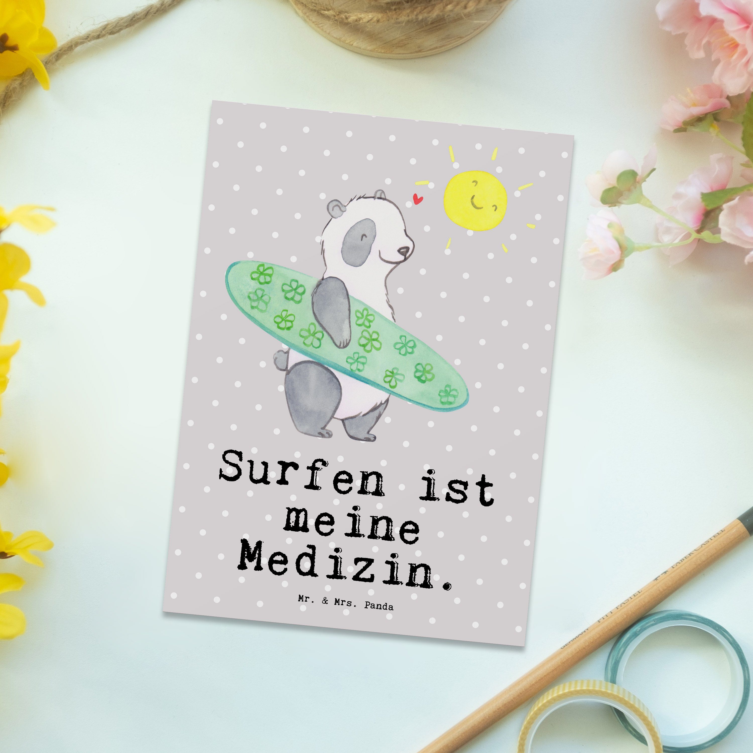 Surfen Mr. - Geschenk, Pastell Panda Geschenkkar Schenken, & Mrs. Panda Grau Postkarte Medizin -