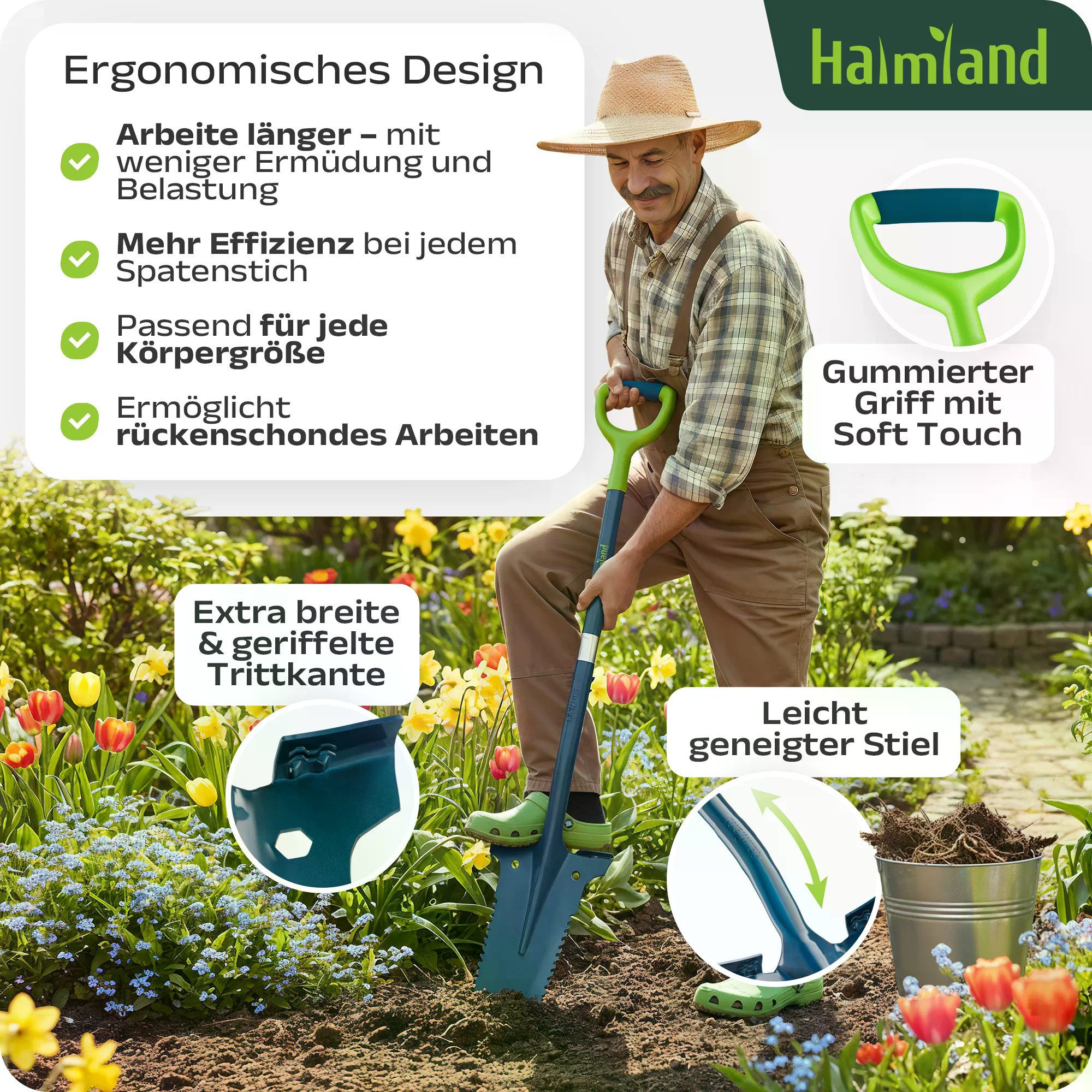 halmland Spaten Profi Wurzelspaten mit scharfen Zähnen & konkaver Spitze