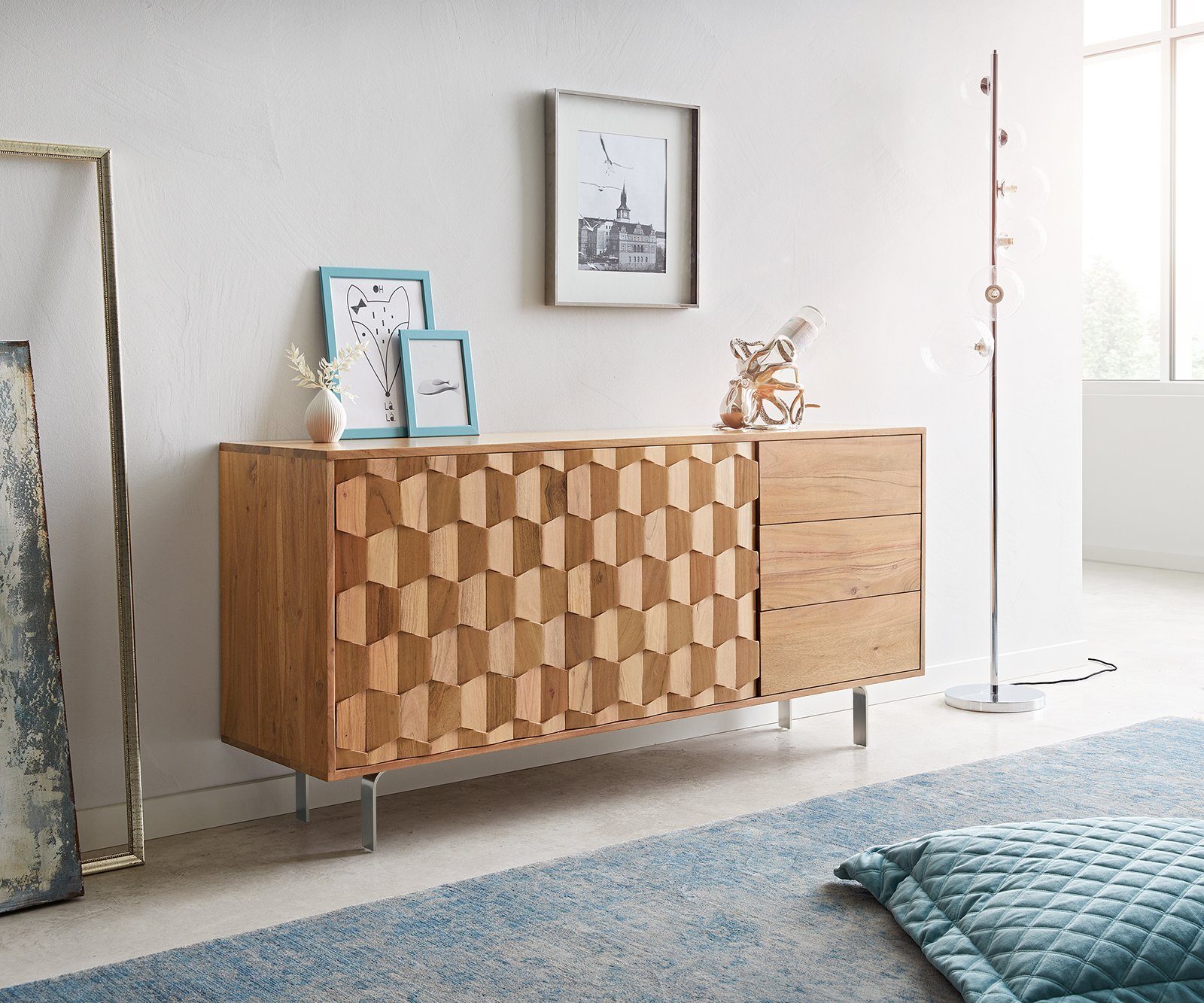 DELIFE Sideboard Fevo, Akazie Natur 145 cm 2 Türen 3 Schubfächer L-Fuß Sideboard