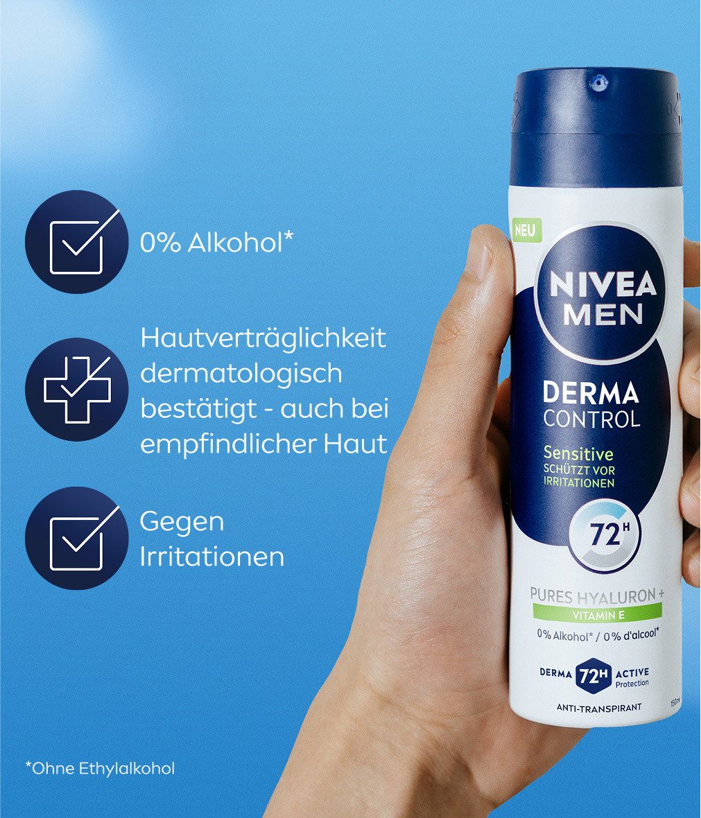 Nivea Men Deo-Spray Derma Control Sensitive Deospray 6 x 150ml, 6-tlg., Mit purem Hyaluron und Vitamin E