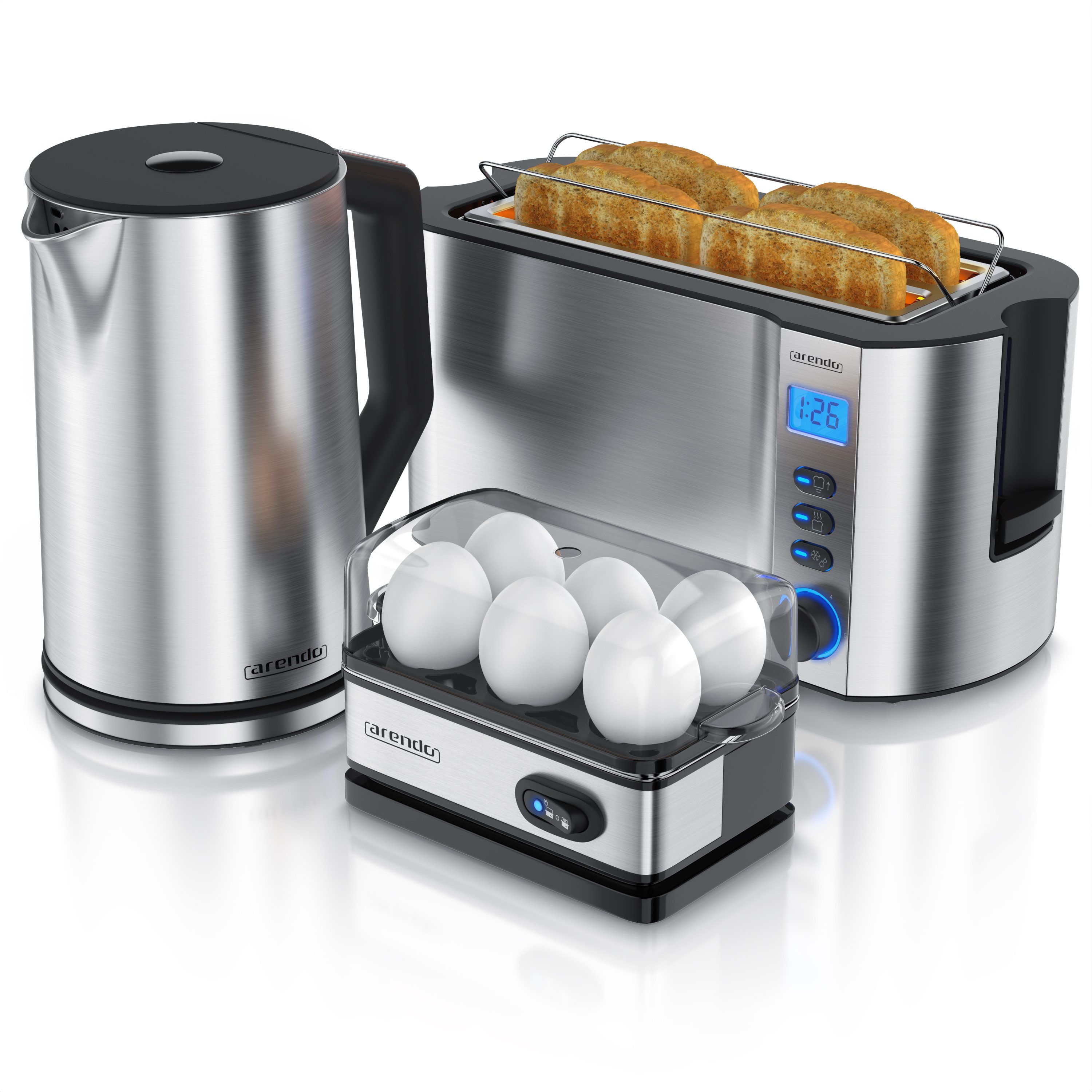 Arendo Frühstücks-Set (3-tlg), Wasserkocher 1,5l, 4-Scheiben Toaster, 6er Eierkocher, Silber