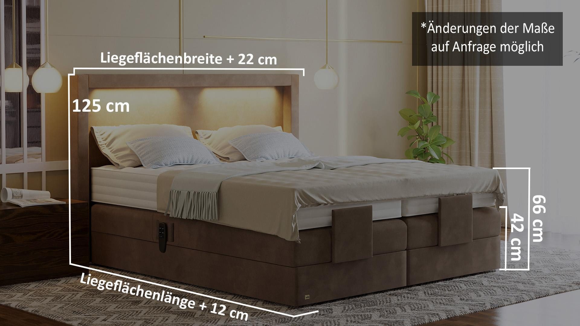 PAARA Boxspringbett elektrisch verstellbar mit LED mit Matratze - Modell Barcelona, mit einzigartigem Belüftungssystem