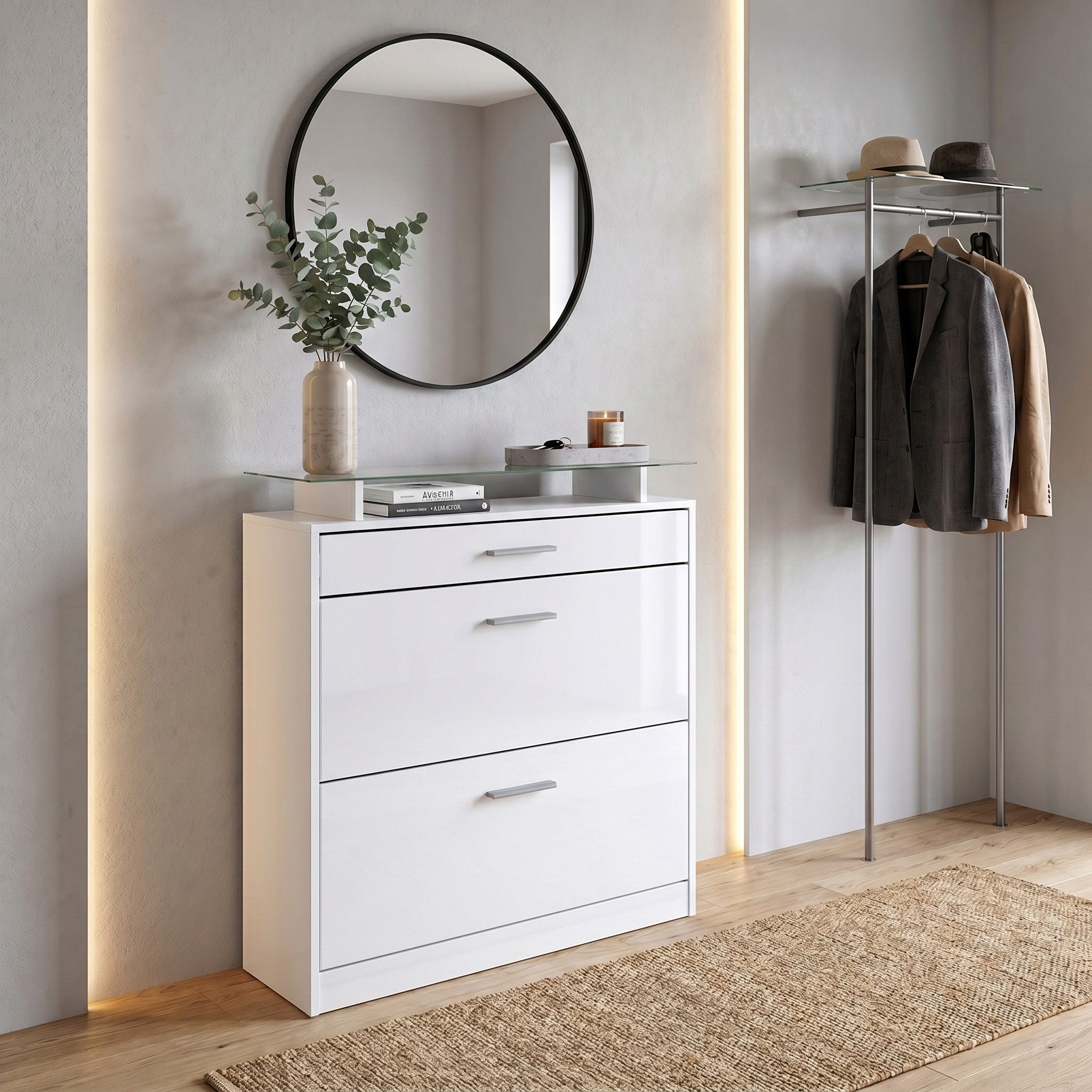 Vladon Schuhschrank Loret (hängender Schuhkipper für 16 Paar Schuhe, mit 2 Klappen und 1 Schublade und Glasablage) Weiß matt/Weiß Hochglanz (89 x 104 x 23 cm)