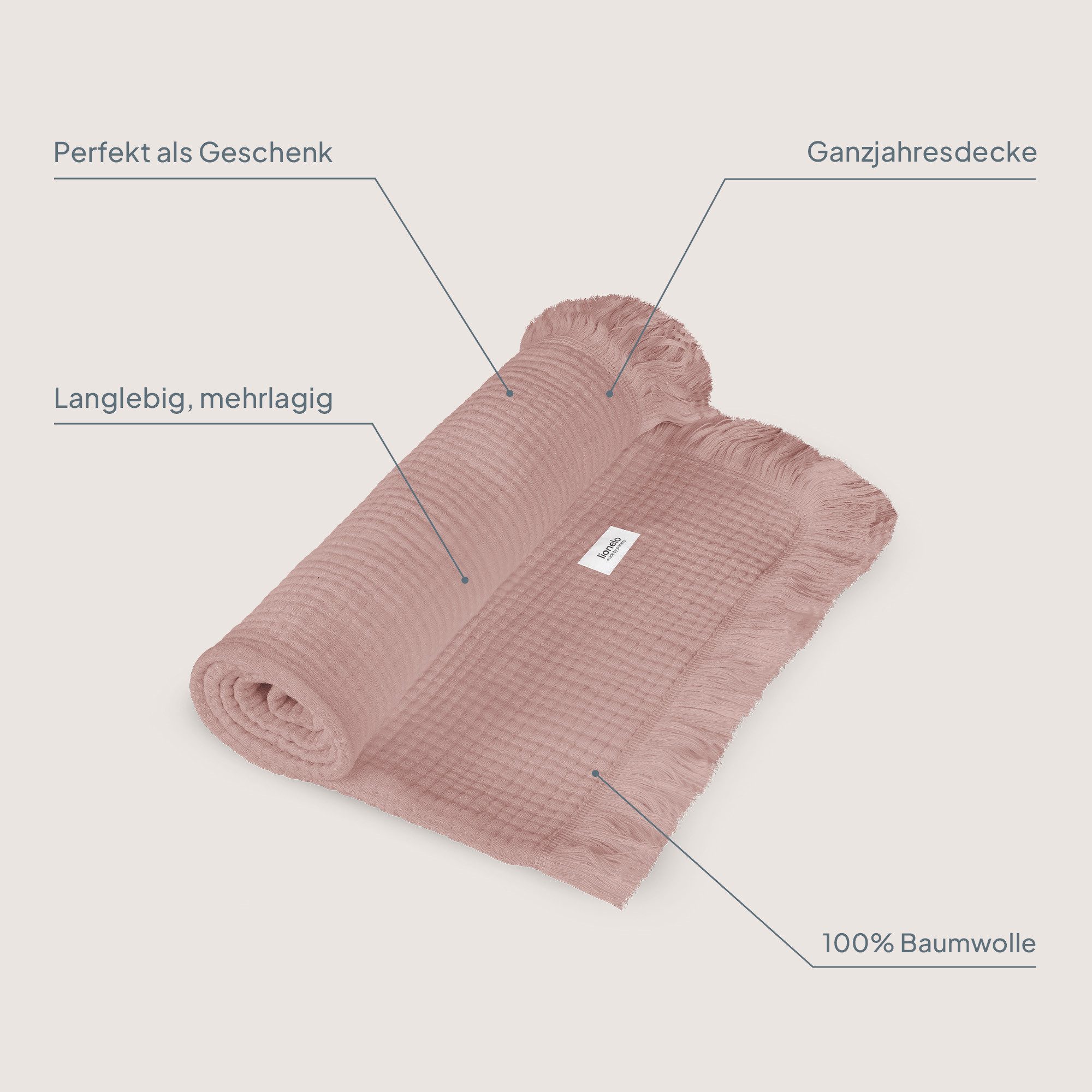 Kinderdecke MUSLIN BLANKET, lionelo, 6 Lagen/100% Baumwolle/ganzjährig/weicher Musselin/Fransen