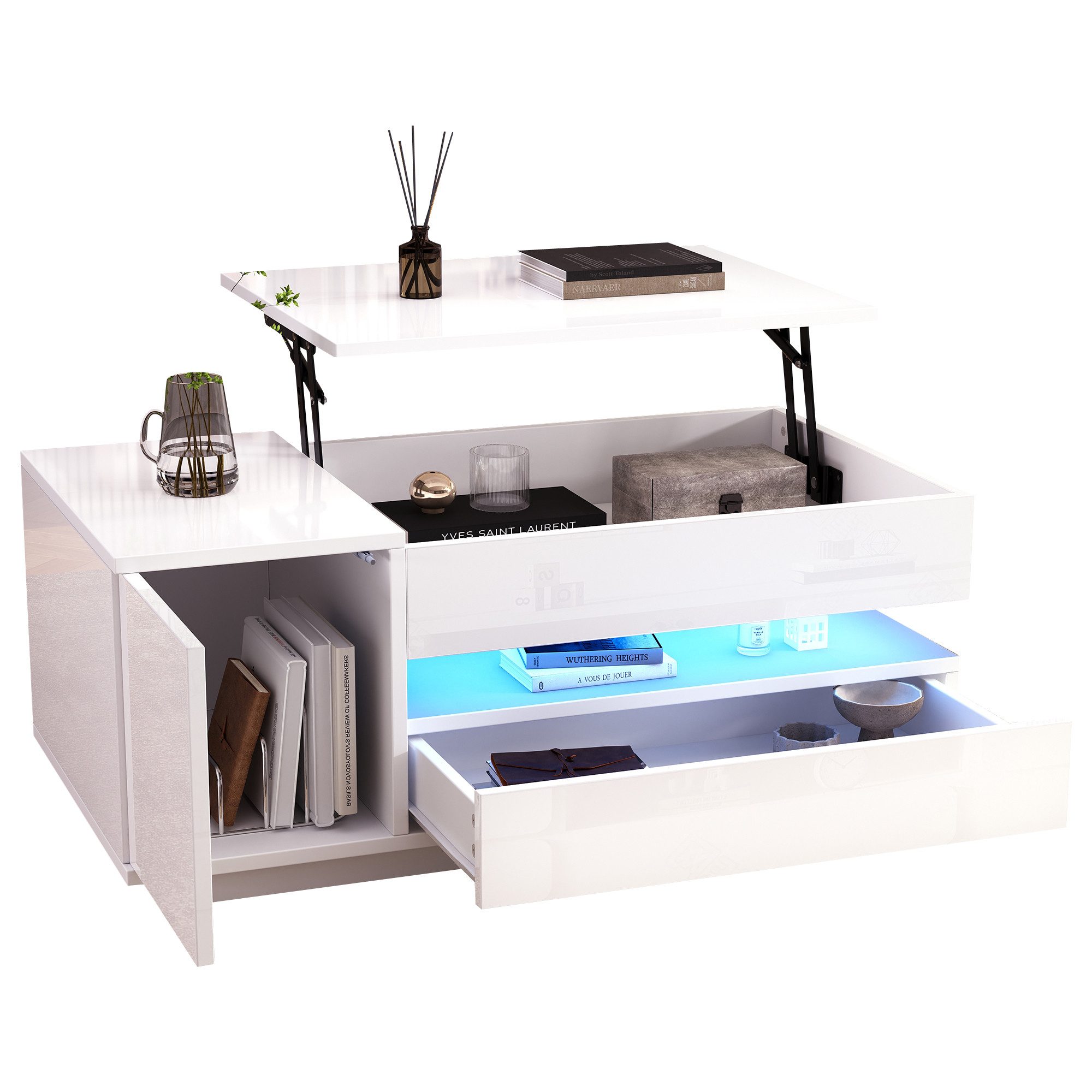 Merax Couchtisch anhebbarer Sofatisch hochglanz Beistelltisch mit LED-Beleuchtung (hydraulische Hebefunktion, modern & funktional, 1-St., Höhenverstellbare Tischplatte), Wohnzimmertisch mit Schublade, Schrank & versteckter Stauraum