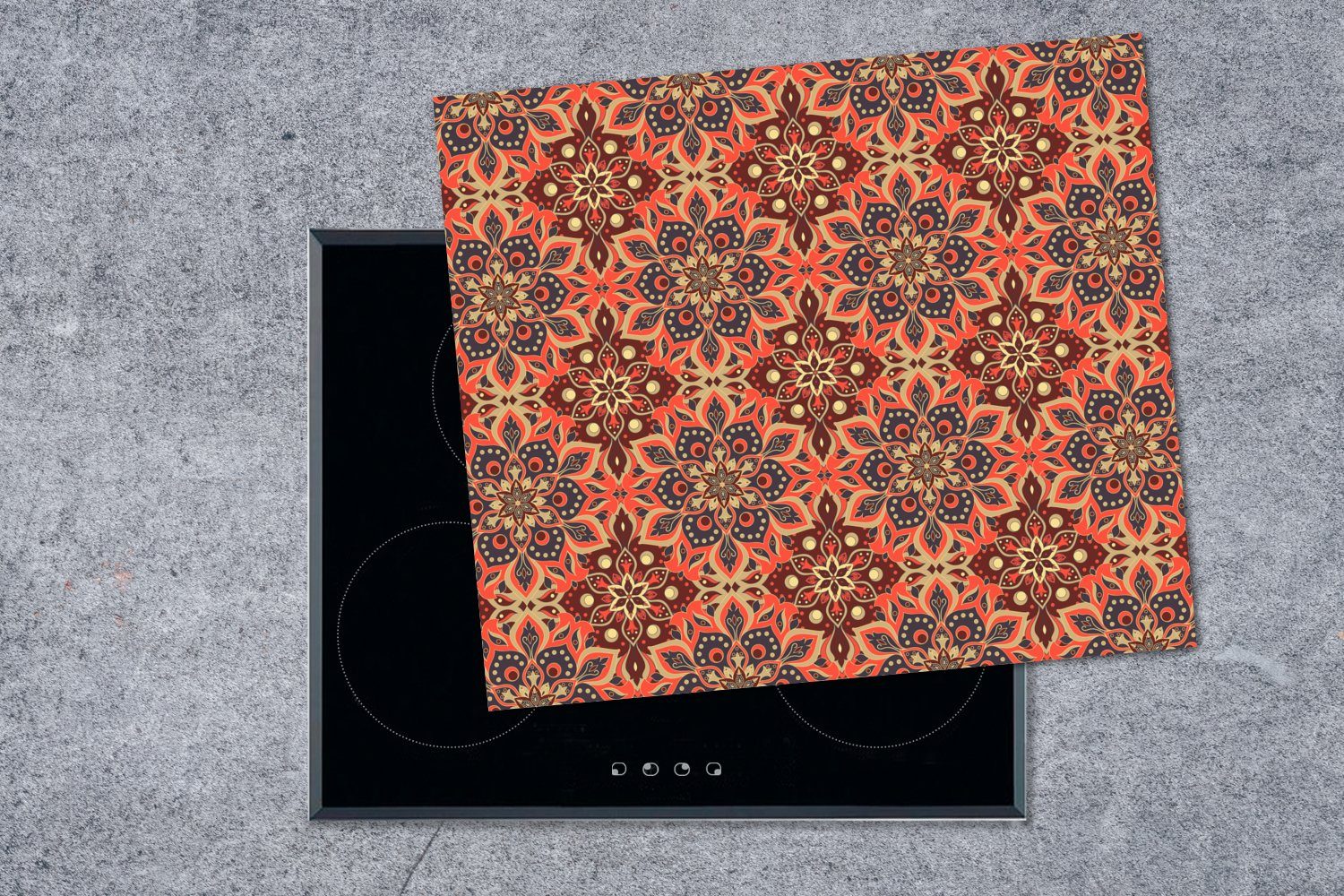 - tlg), - - 60x52 Retro, MuchoWow nutzbar, Arbeitsfläche Ceranfeldabdeckung Mandala cm, Mobile Muster (1 Vinyl, Blumen Herdblende-/Abdeckplatte