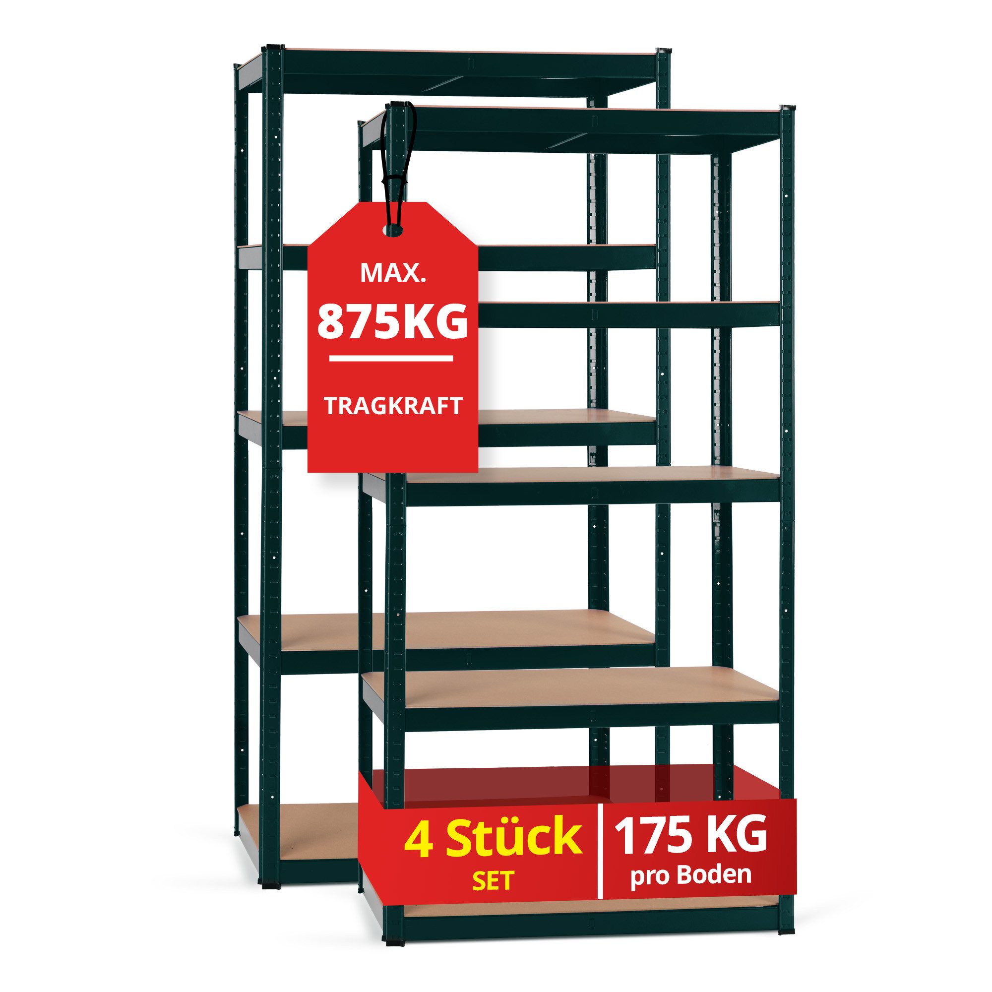 Stagecaptain Schwerlastregal Lagerregal - 5 variabel montierbare Böden - auch als Werkbank umbaubar, 4er Spar-Set 4-tlg., Tragkraft pro Boden: 175 kg, gesamt 875 kg