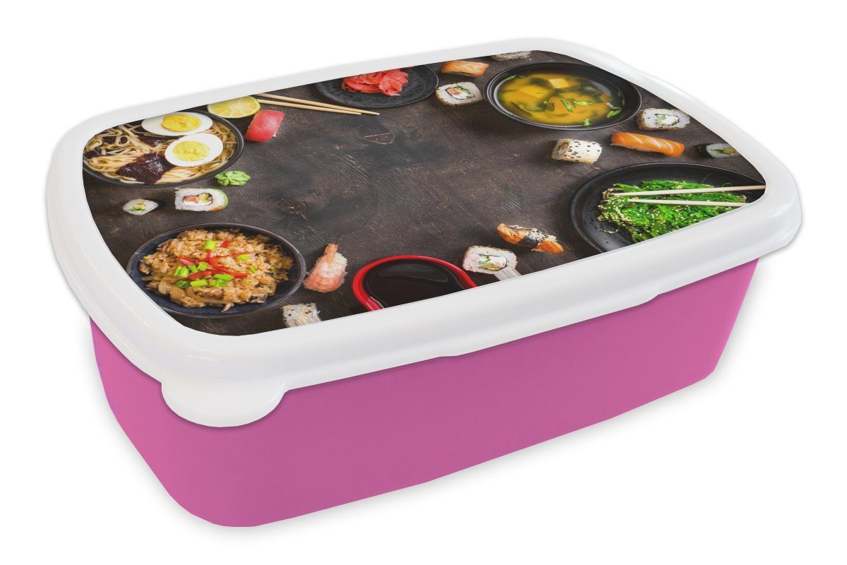 MuchoWow Lunchbox Sushi - Essstäbchen - Kräuter - Gewürze, Kunststoff, (2-tlg), Brotbox für Erwachsene, Brotdose Kinder, Snackbox, Mädchen, Kunststoff rosa | Lunchboxen