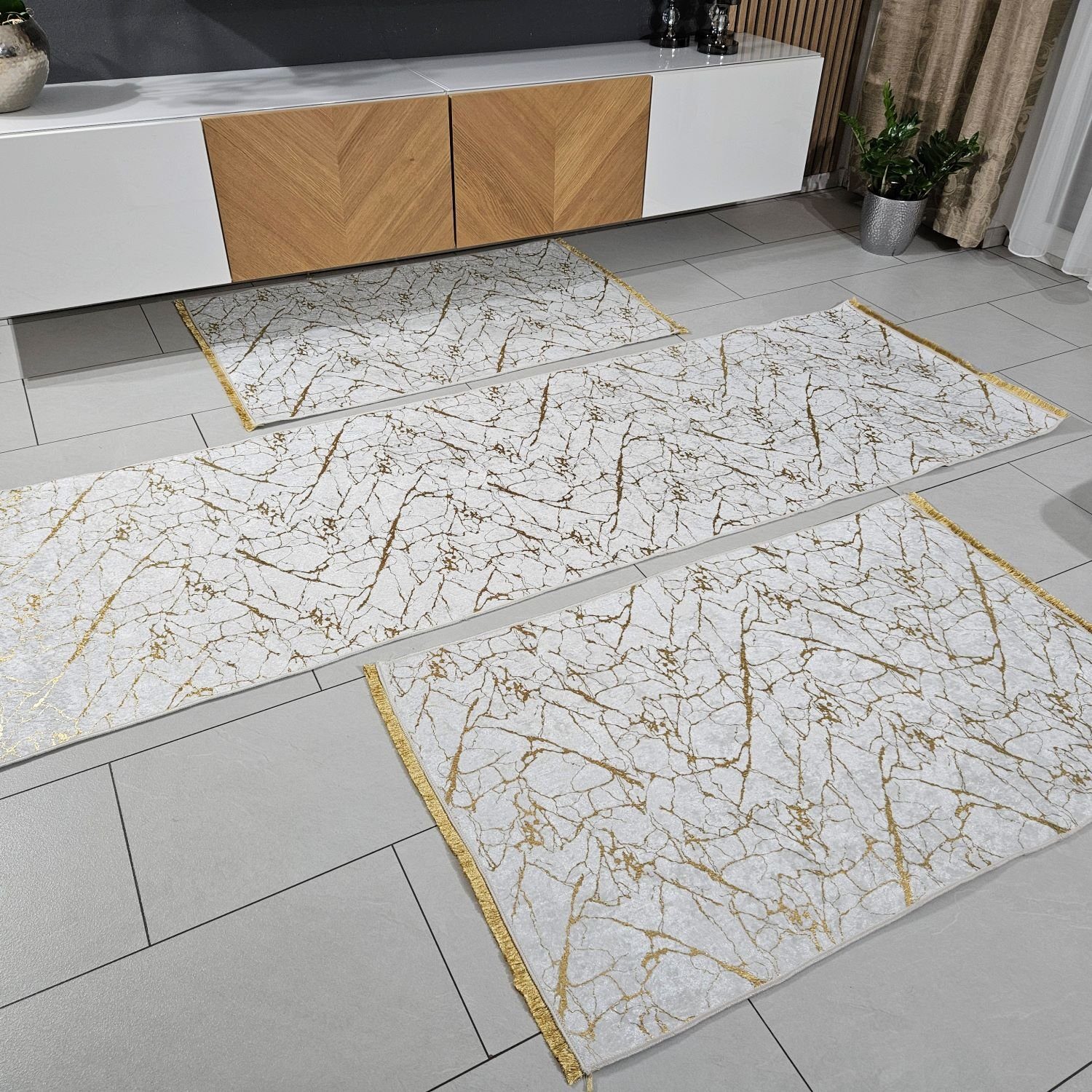 Läufer 3er Teppich Set Weiß Gold, Gardinen by Justyna, Saray hali, Wohnzimmerteppich, Kücheteppich, Flurteppich | Läufer