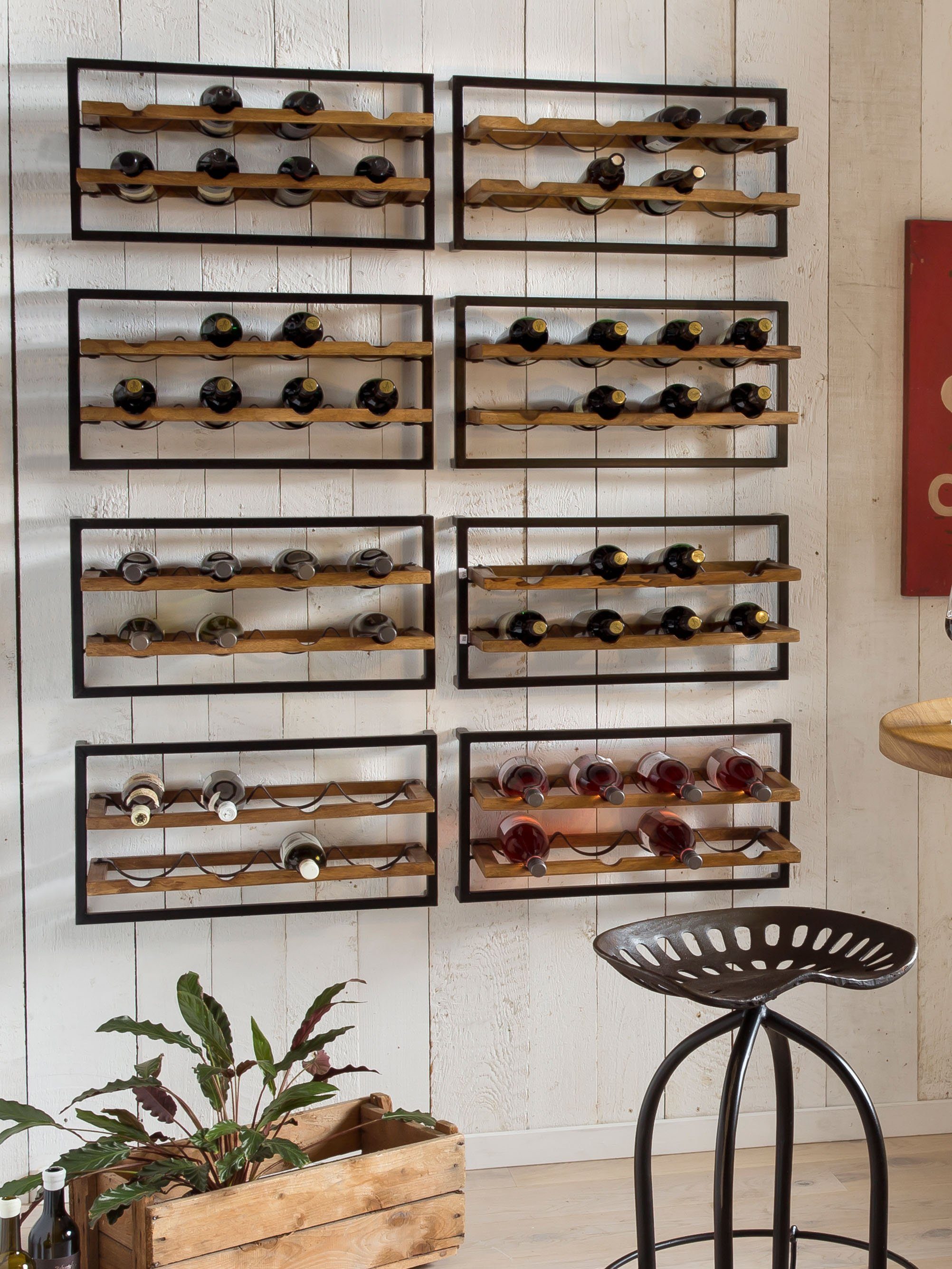 SIT Weinregal Wandregal PANAMA – Industrial Regal aus Mango‑Holz & Altmetall, Weinregal für 8 Flaschen