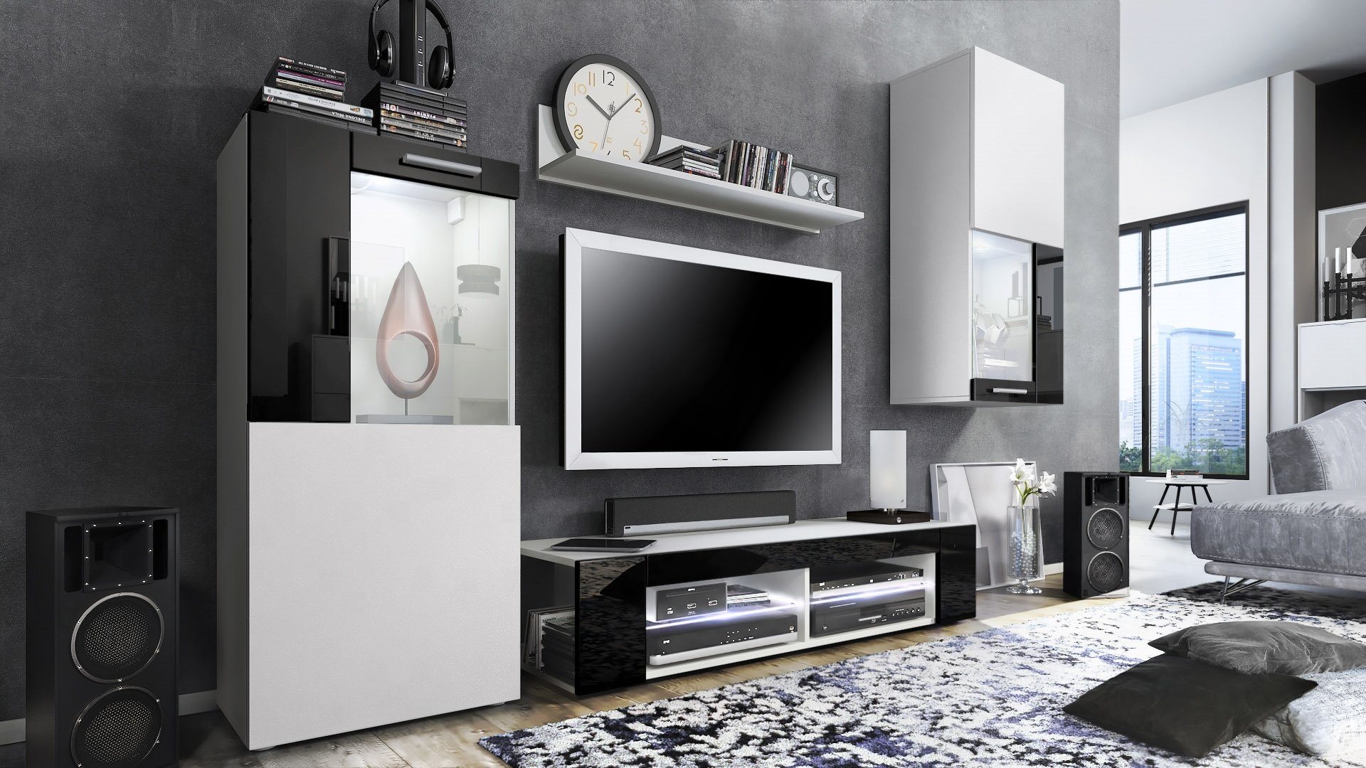 Vladon Wohnwand Movie, (Anbauwand, 5-St., bestehend aus 1 TV-Board, 2 Vitrinen und 1 Regal), Weiß matt/Weiß matt/Schwarz Hochglanz mit Beleuchtung (300x190x39 cm)