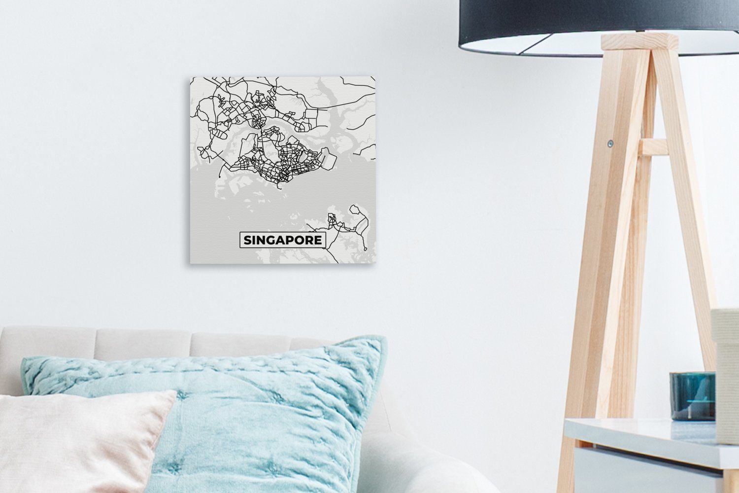OneMillionCanvasses® Leinwandbild Singapur - Wohnzimmer Karte, Schlafzimmer - Bilder (1 für - St), Stadtplan Leinwand - weiß und Schwarz Karte