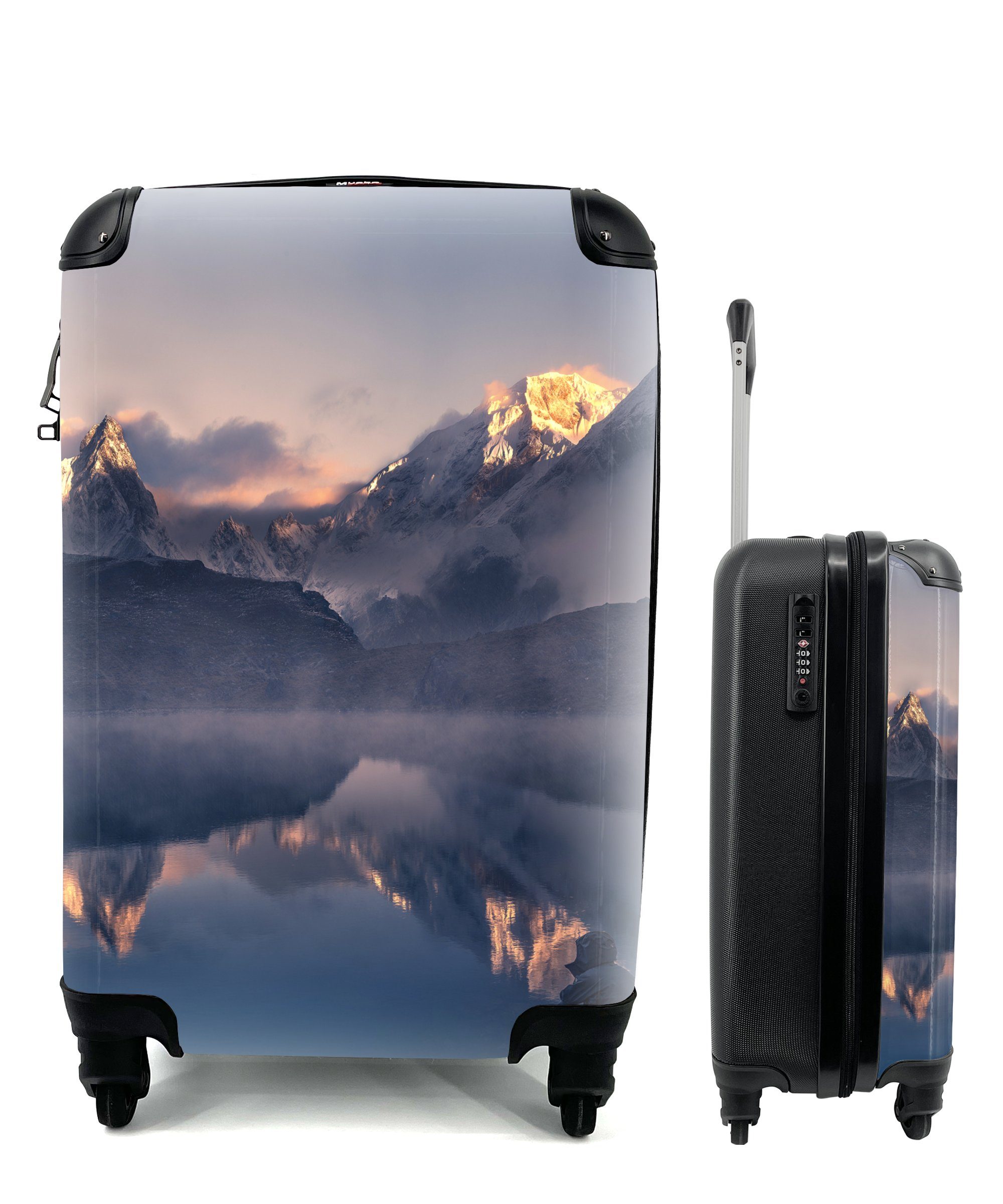 MuchoWow Handgepäckkoffer Landschaft - Wasser - Berg - Schnee - Sonnenuntergang, 4 Rollen, Reisetasche mit rollen, Handgepäck für Ferien, Trolley, Reisekoffer