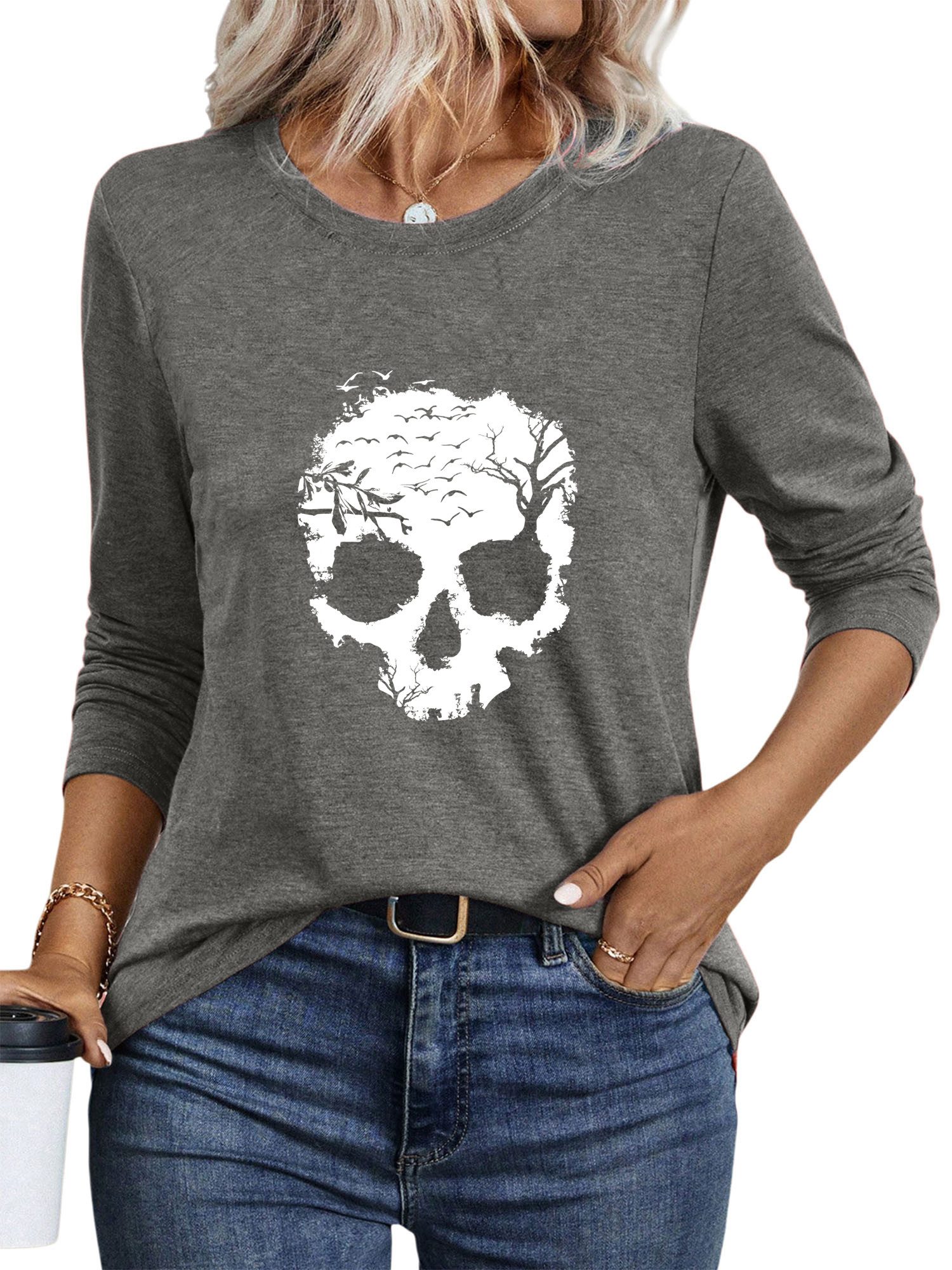 PYLIKE Rundhalsshirt Damen bequemes Winter Longsleeve Basic Tops mit Schädel Print Geeignet für den täglichen Gebrauch im Büro und zu Hause