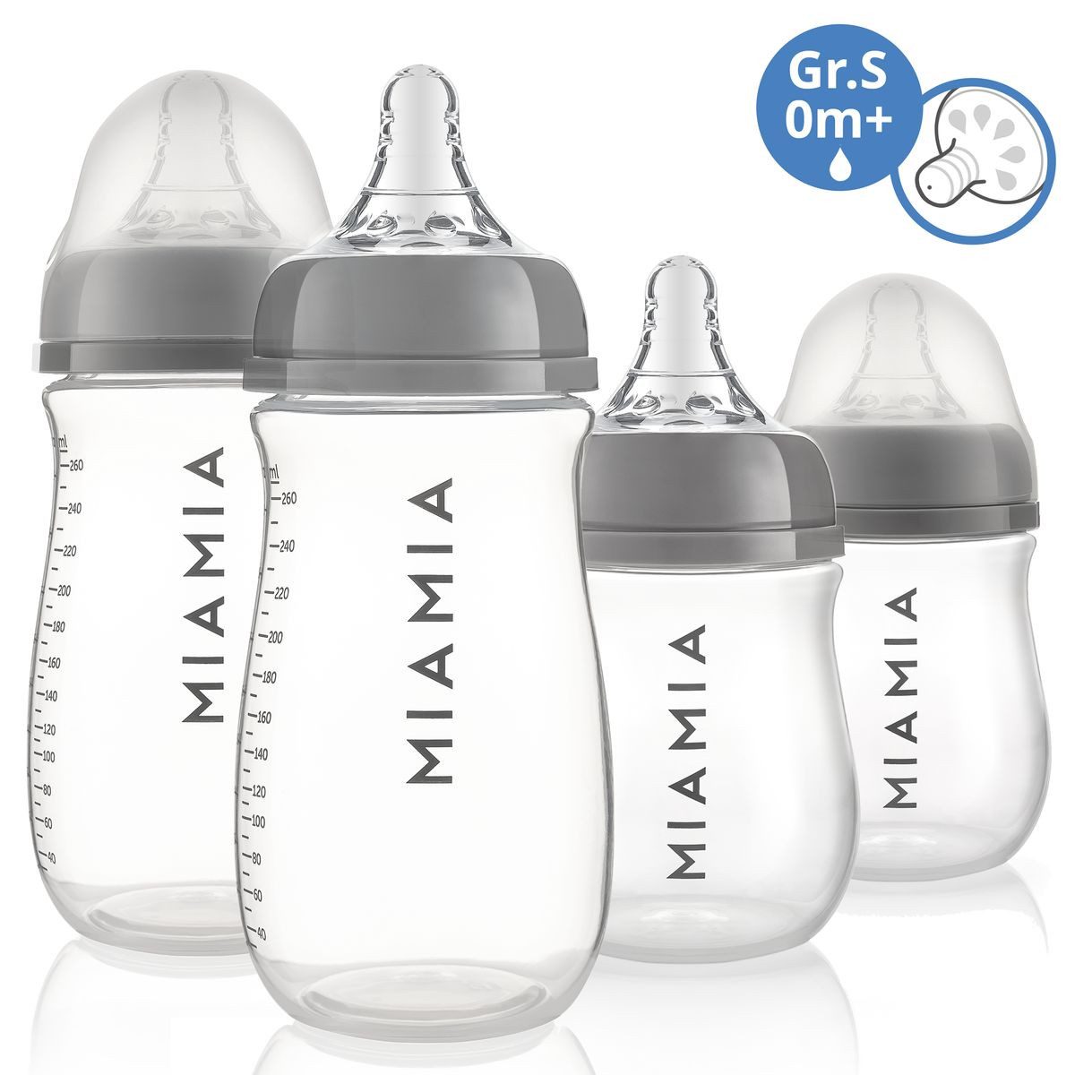 MiaMia Babyflasche PP-Flasche - Grau, 4er Pack Babyflasche 140 ml & 260ml + Silikon-Trinksauger Größe S