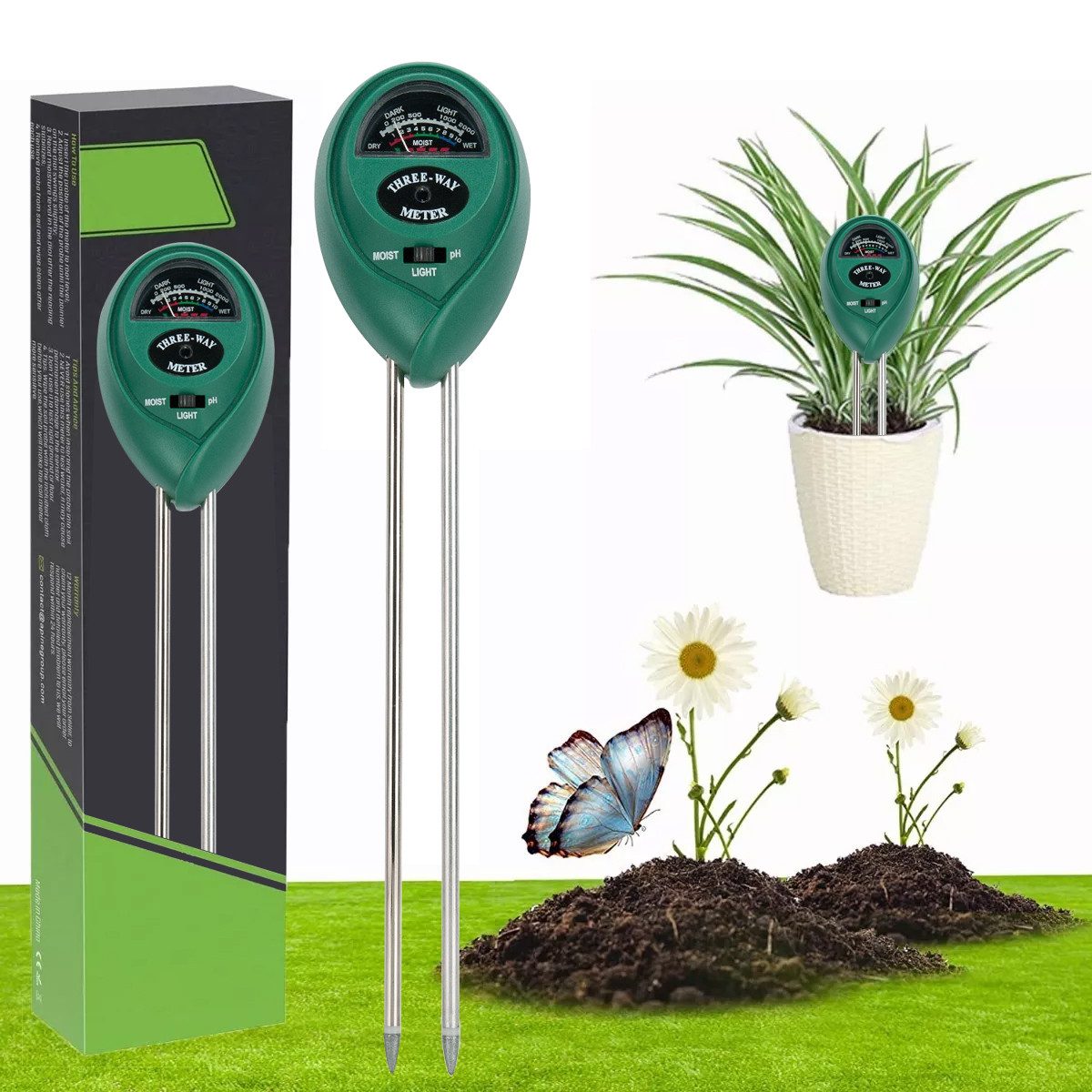 MOPUEA Bodenfeuchtesensor Boden-pH-Meter,Boden Tester Kit Messgerät 26 x 5,8 x 3,6cm, (Hohe Sensibilität und einfache Anwendung, 1-tlg., Robuste und langlebige Konstruktion), Präzise Messung der Bodenfeuchtigkeit