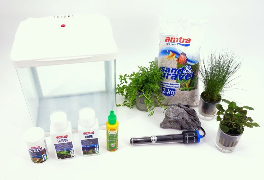 Aquaone Aquarien-Set Hr-230 weiß inklusive Dekoration Nano Aquarium Komplettaquarium Filteranlage Nanoaquarium Set Filter Beleuchtung