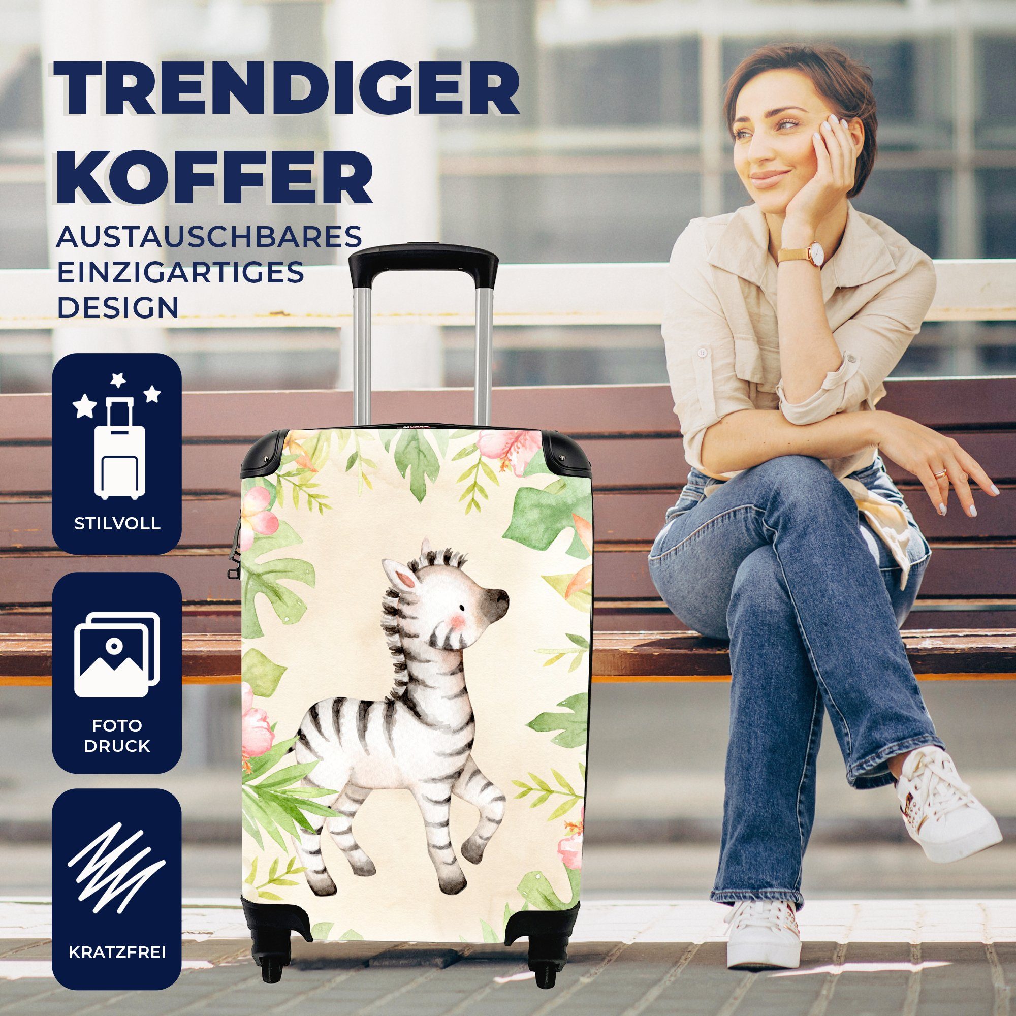 rollen, Rollen, Reisetasche mit Handgepäckkoffer 4 Zebra Trolley, MuchoWow Aquarell, - Ferien, Reisekoffer für Handgepäck - Dschungel