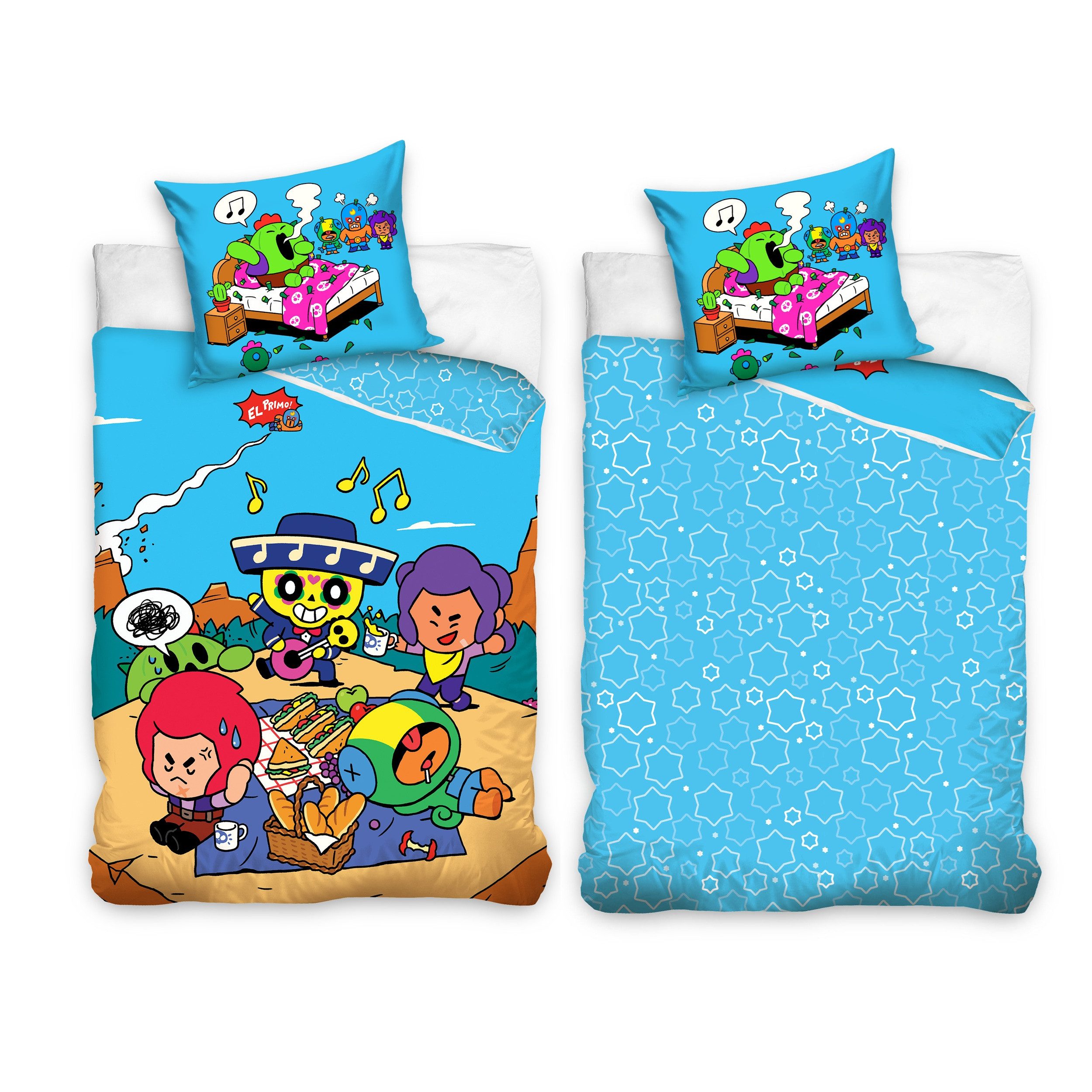 Familando Kinderbettwäsche Brawl Stars 135x200 + 80x80 cm aus 100% Baumwolle mit Reißverschluss, Renforcé, 2 teilig, mit Charakteren El Primo, Poco, Shelly, Leon, Colt & Spike
