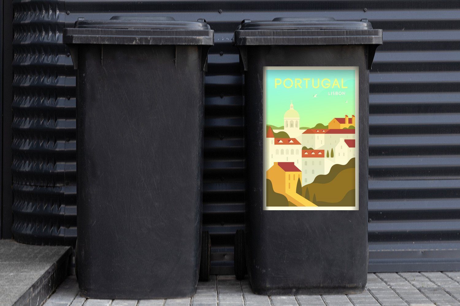 der Illustration Abfalbehälter Portugal Lissabon, Wandsticker MuchoWow Sticker, Mülleimer-aufkleber, Hauptstadt Mülltonne, Container, St), (1