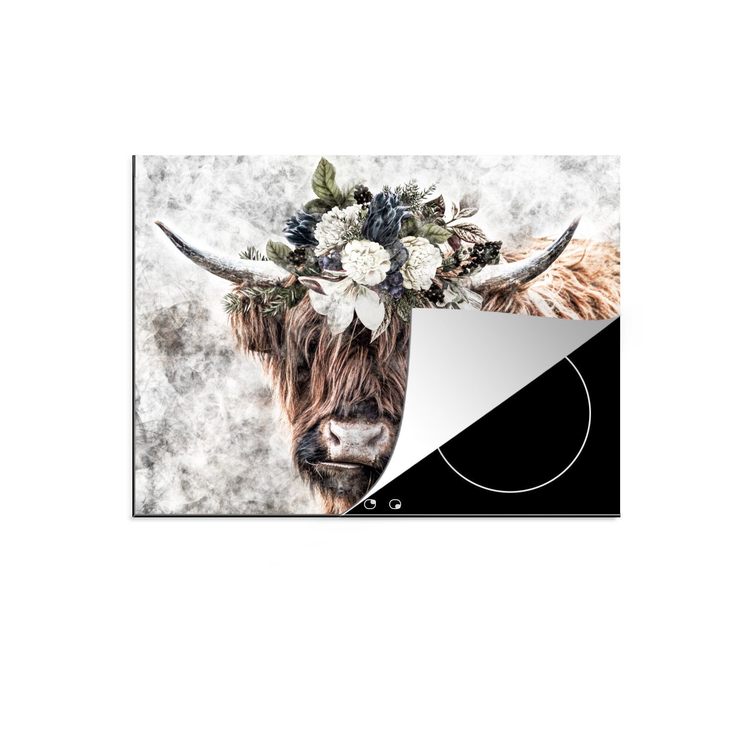 MuchoWow Herdblende-/Abdeckplatte Schottischer Hochländer Ceranfeldabdeckung Flora, 71x52 (1 Vinyl, für Rauch - küche, Schutz cm, tlg), - die Induktionskochfeld