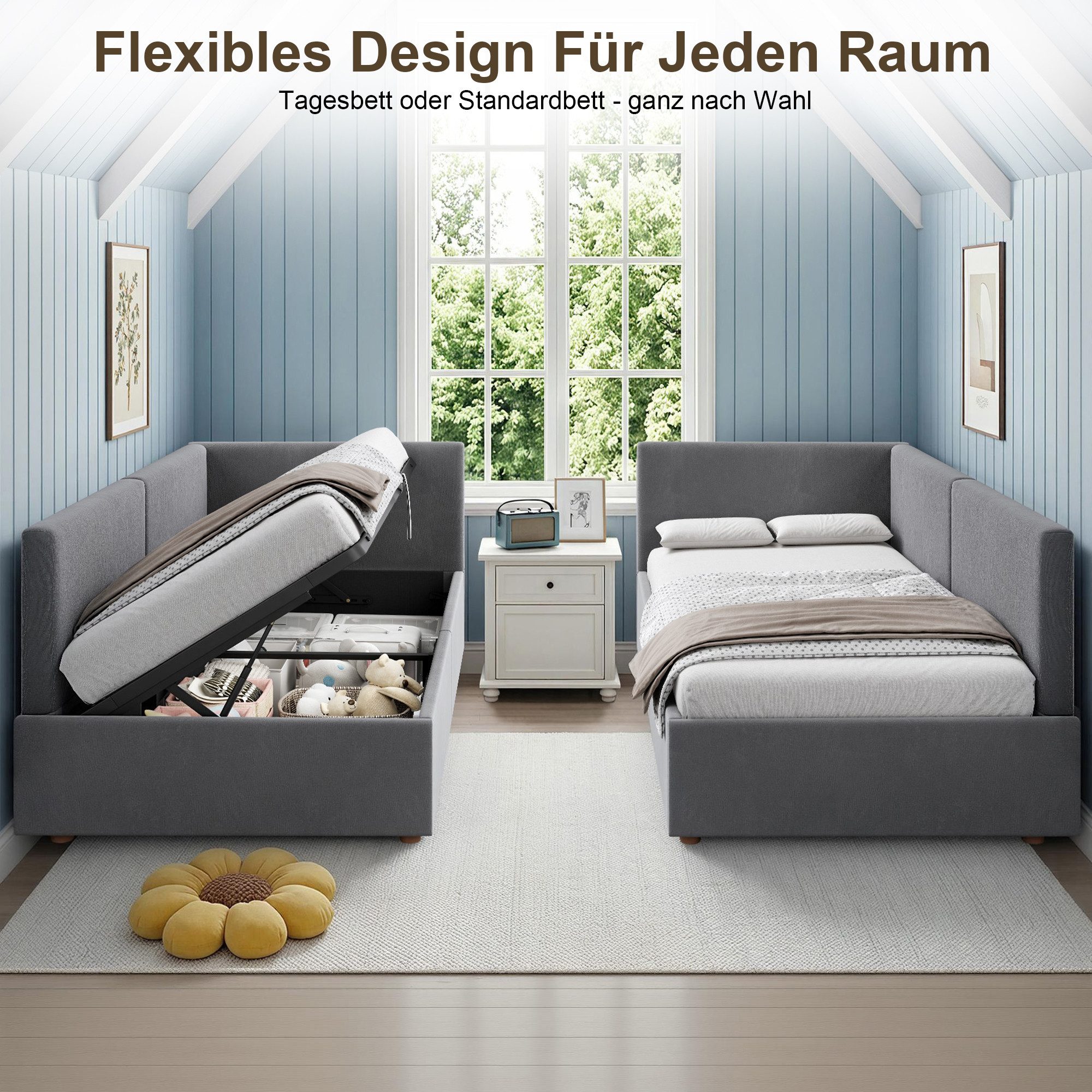 AMERLIFE Daybett mit 2-in-1 Funktion, Gasfeder-Bettkasten & Samtbezug in Cremeweiß (1 tlg), Praktisches 2-in-1 Design