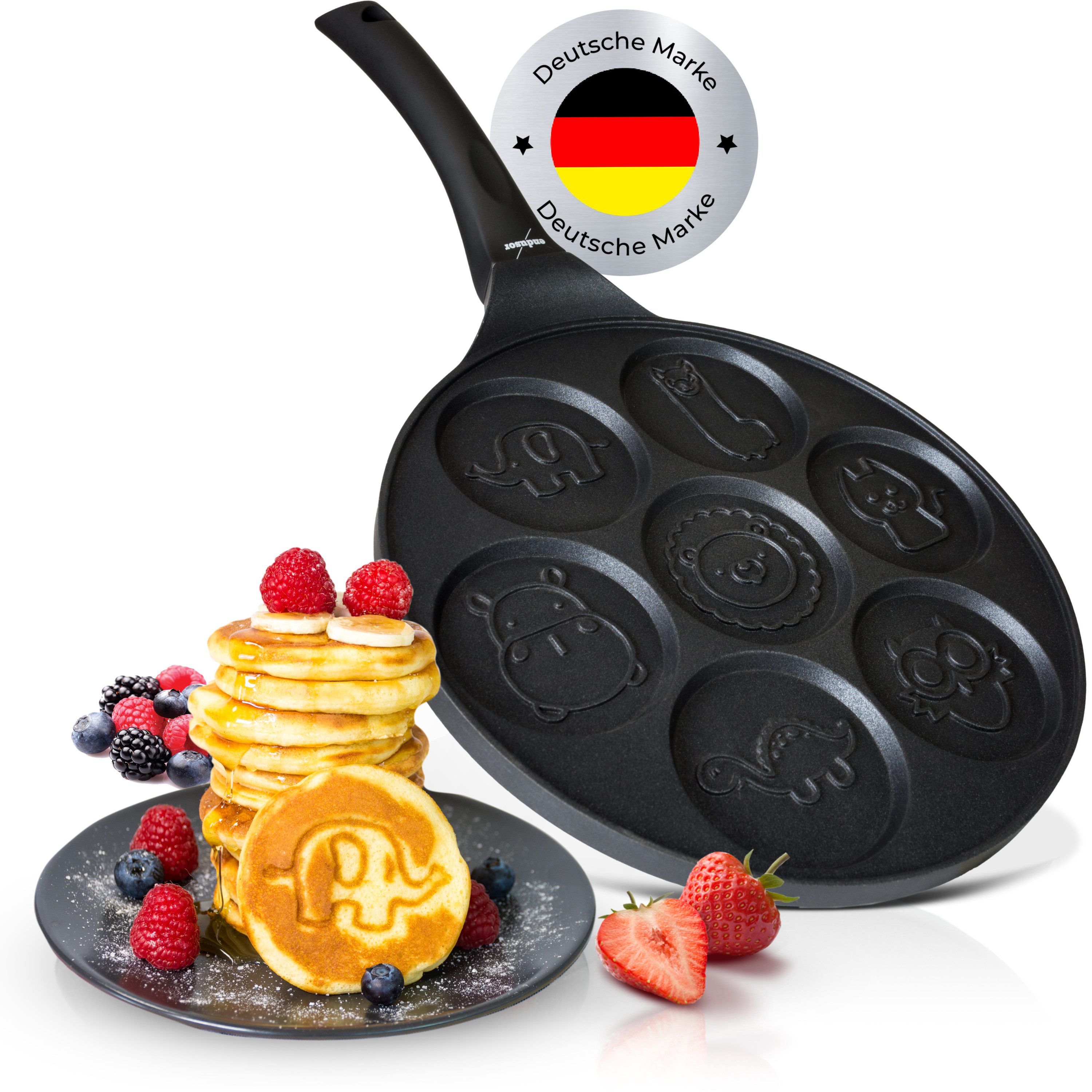 endusor Crêpepfanne Pancake Pfanne ⌀26cm mit 7 Tier-Motiven für Kinder, Aluminiumguss (Alle Herdarten inkl. Induktion, Ø 26cm Bratpfanne), modernster Antihaft-Beschichtung & Eisenkernboden für Pancakes & Mehr