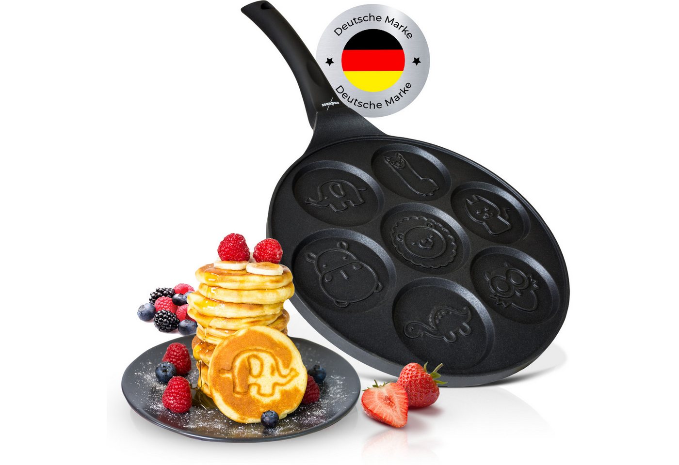 endusor Crêpepfanne Pancake Pfanne ⌀26cm mit 7 Tier-Motiven für Kinder, Aluminiumguss (Alle Herdarten inkl. Induktion, Ø 26cm Bratpfanne), modernster Antihaft-Beschichtung & Eisenkernboden für Pancakes & Mehr