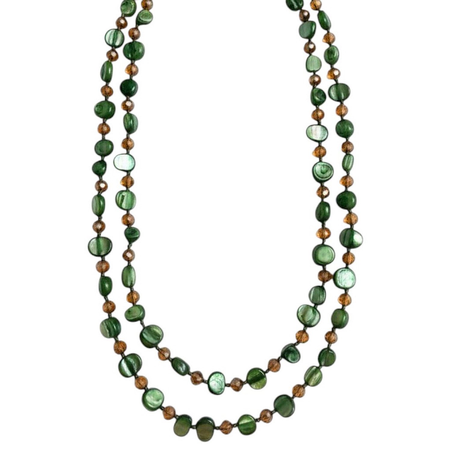 KARMA Lange Kette Lange Halskette Glas Grün Braun 118 cm Damen Glaskette Glassteine (1-tlg., Statementkette doppelreihig), Glasperlen Damenhalskette Glasperlenkette Pulloverkette