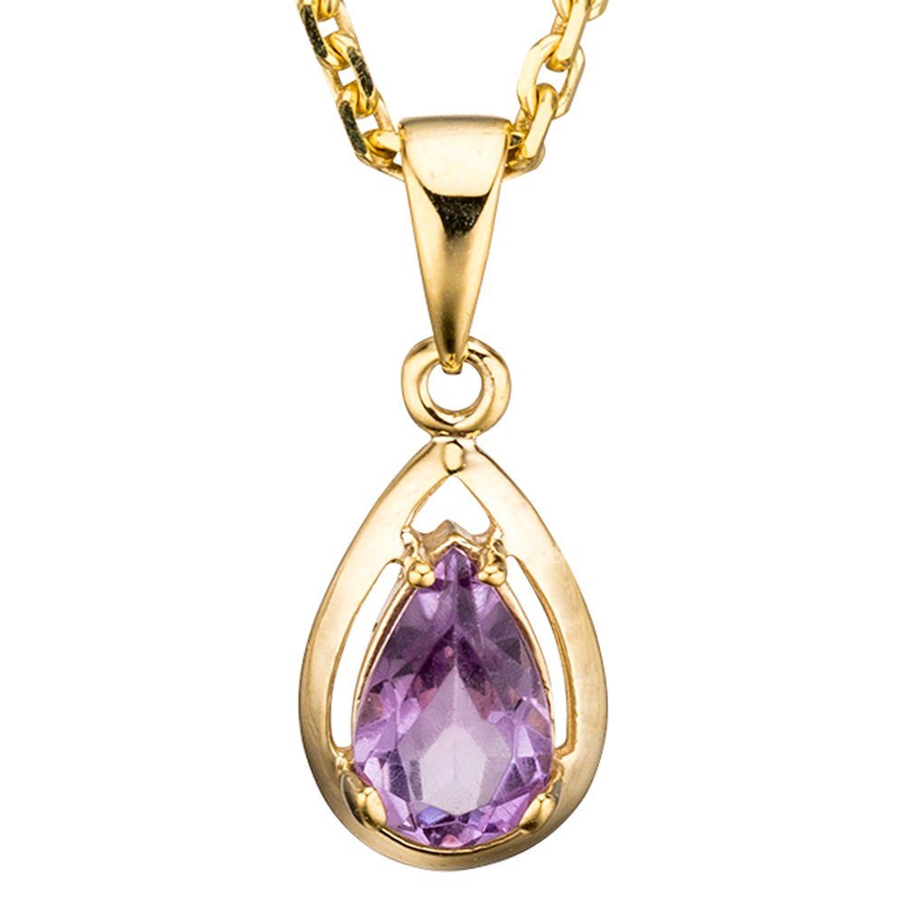 Damen, spitzoval Gold Tropfen Kettenanhänger Krone 333 Anhänger Gold Schmuck 333 hellviolett Gelbgold Amethyst