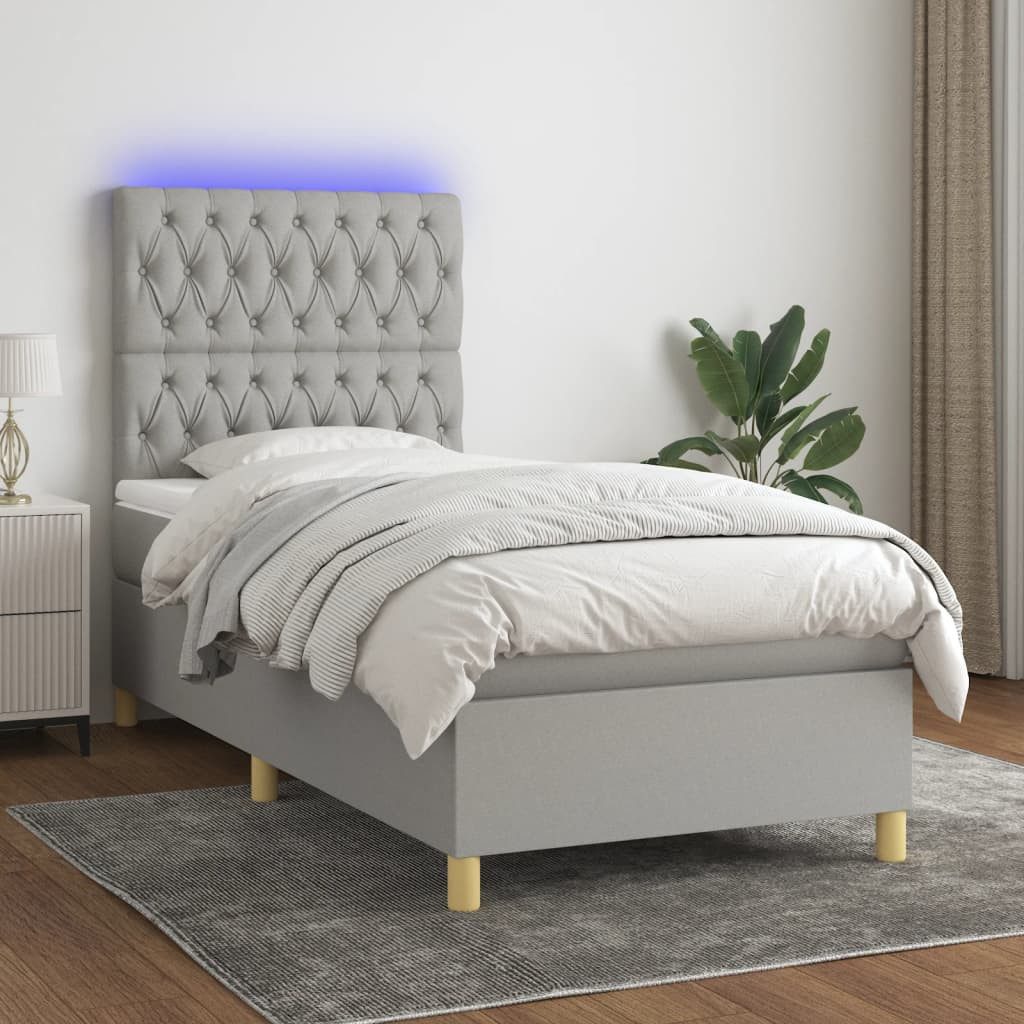 vidaXL Boxspringbett (90 x 190 cm, Knopfheftung Schräg, Hellgrau), mit LED günstig online kaufen