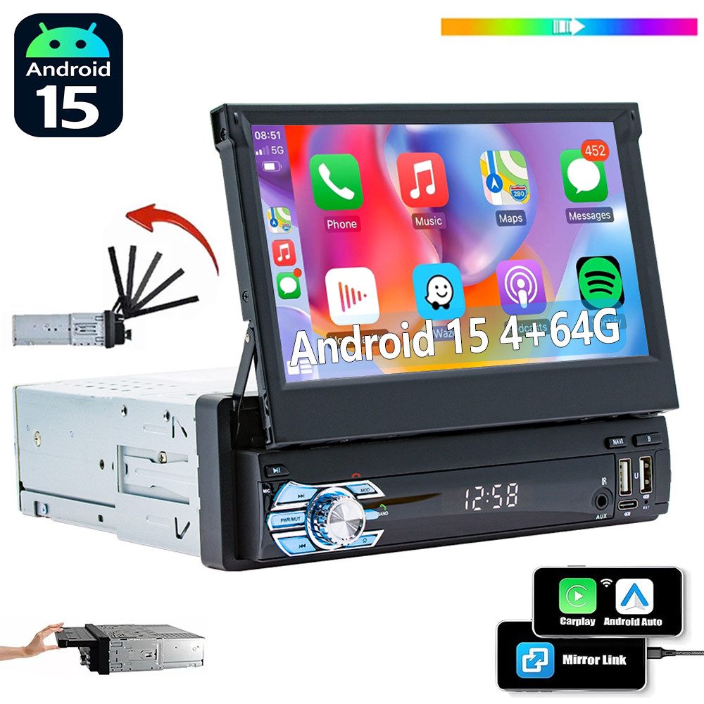ESSGOO DAB 64G 1DIN 7'' Flip Out Android 14/15 Carplay Autoradio GPS WIFI FM Autoradio (Digitalradio (DAB), 4+64GB(optional), RDS, AM, FM, Carplay Android Auto Bluetooth EQ USB GPS Navi WIFI Touchscreen)