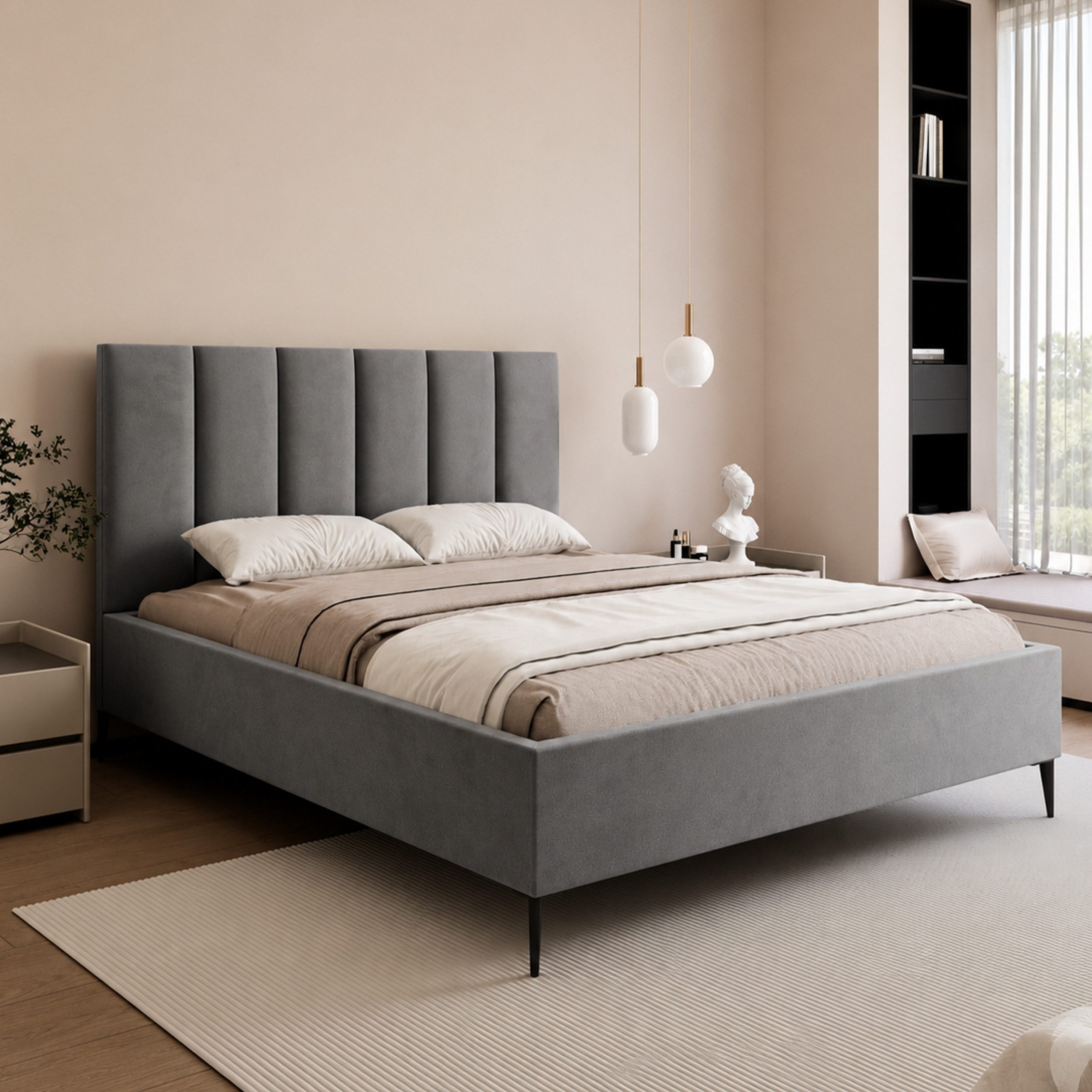 Goldstoff Polsterbett Modernes Bett "GERMAIN" mit hohem Kopfteil und integriertem Bettkasten (120–200x200 cm, Kopfteilhöhe: 90/110 cm, Seitenhöhe: 25/40 cm), Elegantes Bett mit Stauraum und wählbarer Kopfteilhöhe