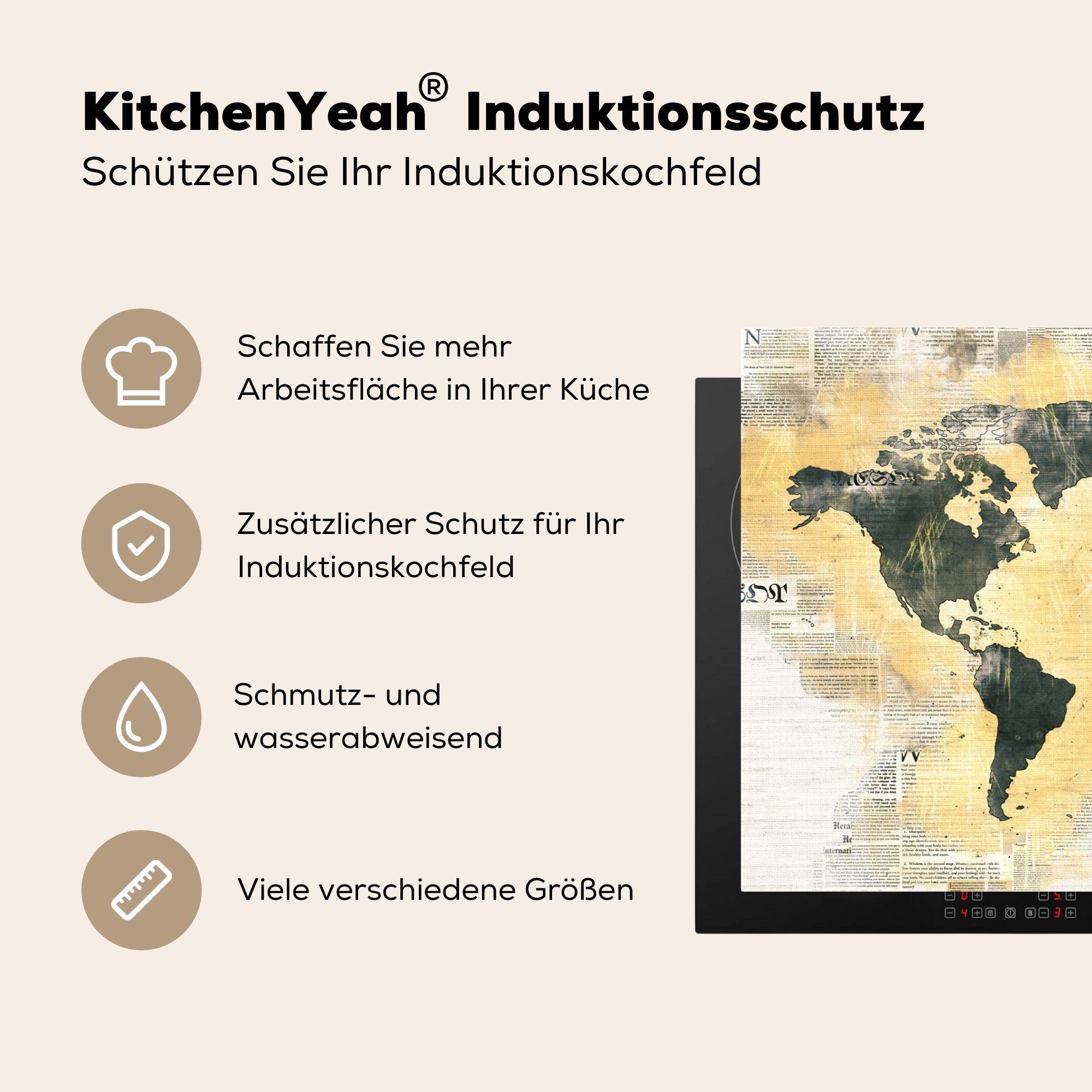 MuchoWow Herdblende-/Abdeckplatte Weltkarte - Zeitung (1 - für Induktionskochfeld cm, Schutz 81x52 Gold, tlg), die Vinyl, küche, Ceranfeldabdeckung