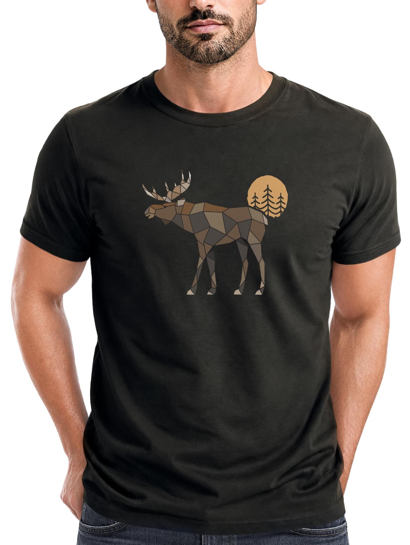 Print-Shirt Herren T-Shirt Shirt Printshirt mit Aufdruck Polygon Elch Outdoor