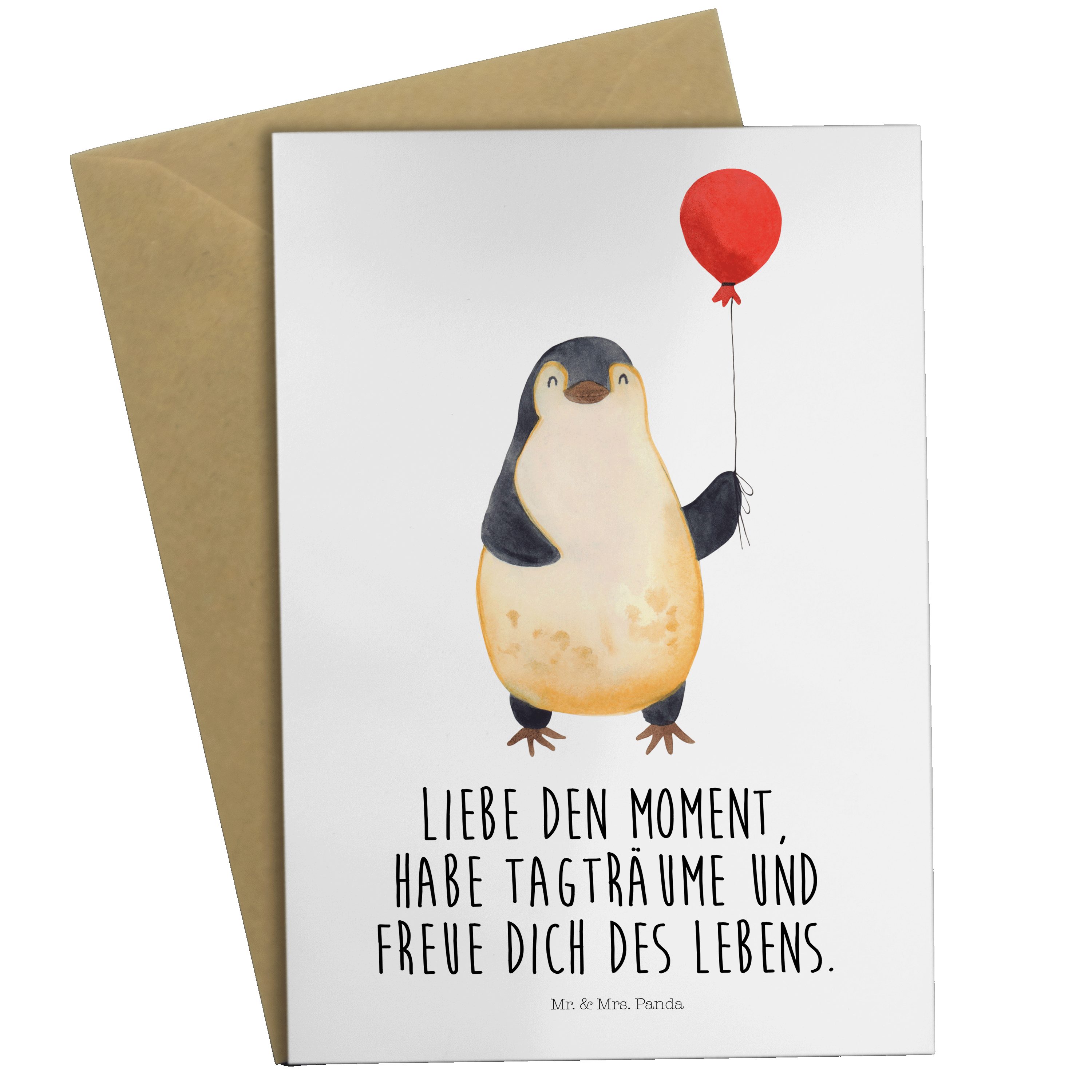 Mr. & Mrs. Panda Grußkarte Pinguin Luftballon - Weiß - Geschenk, Tagträume, Klappkarte, Einladun