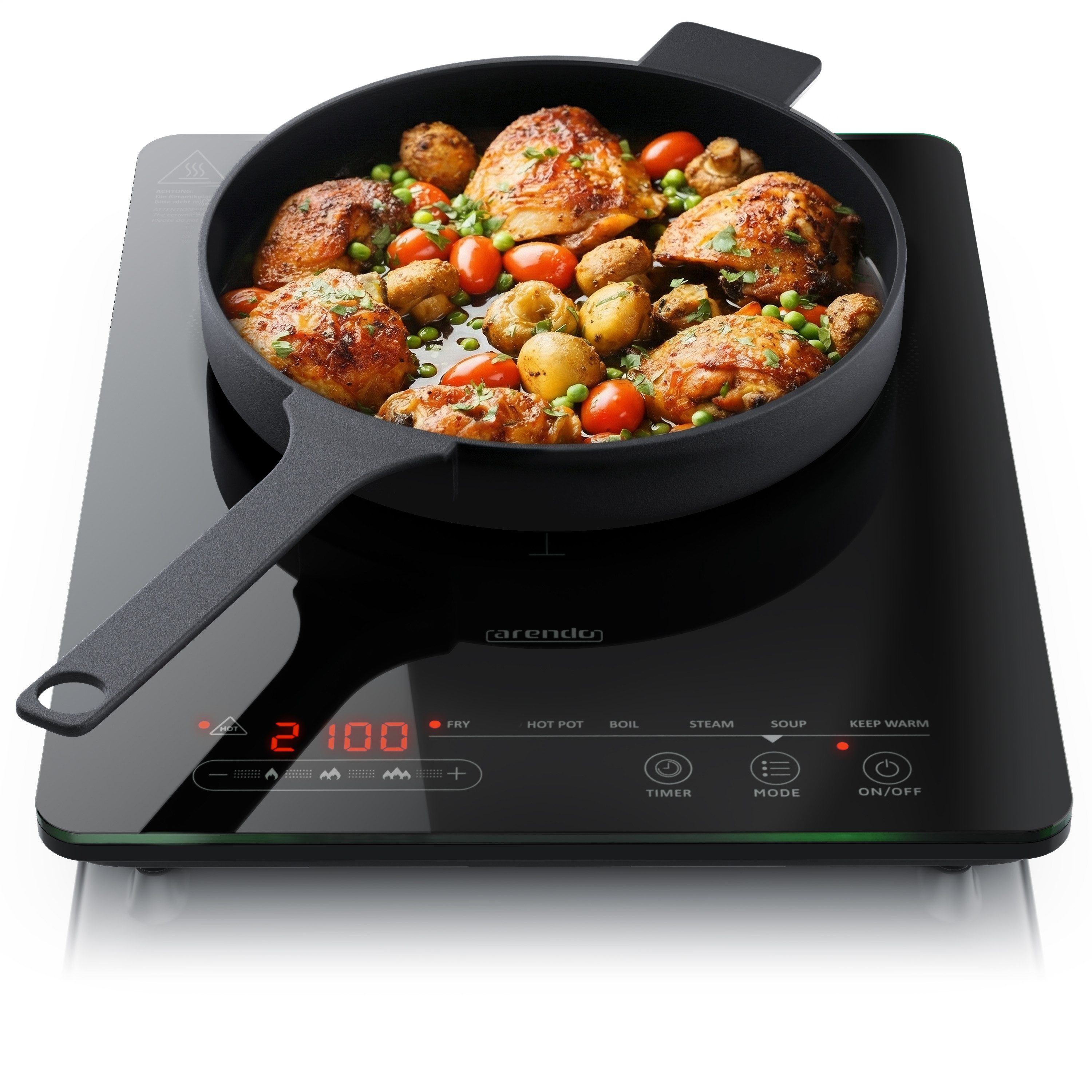 Arendo Induktions-Kochfeld Einzelkochplatte 6 Programme, Timer, Touch, Automatische Erkennung der Topfgröße, 6 Programme, Timer, Touch, Automatische Erkennung der Topfgröße