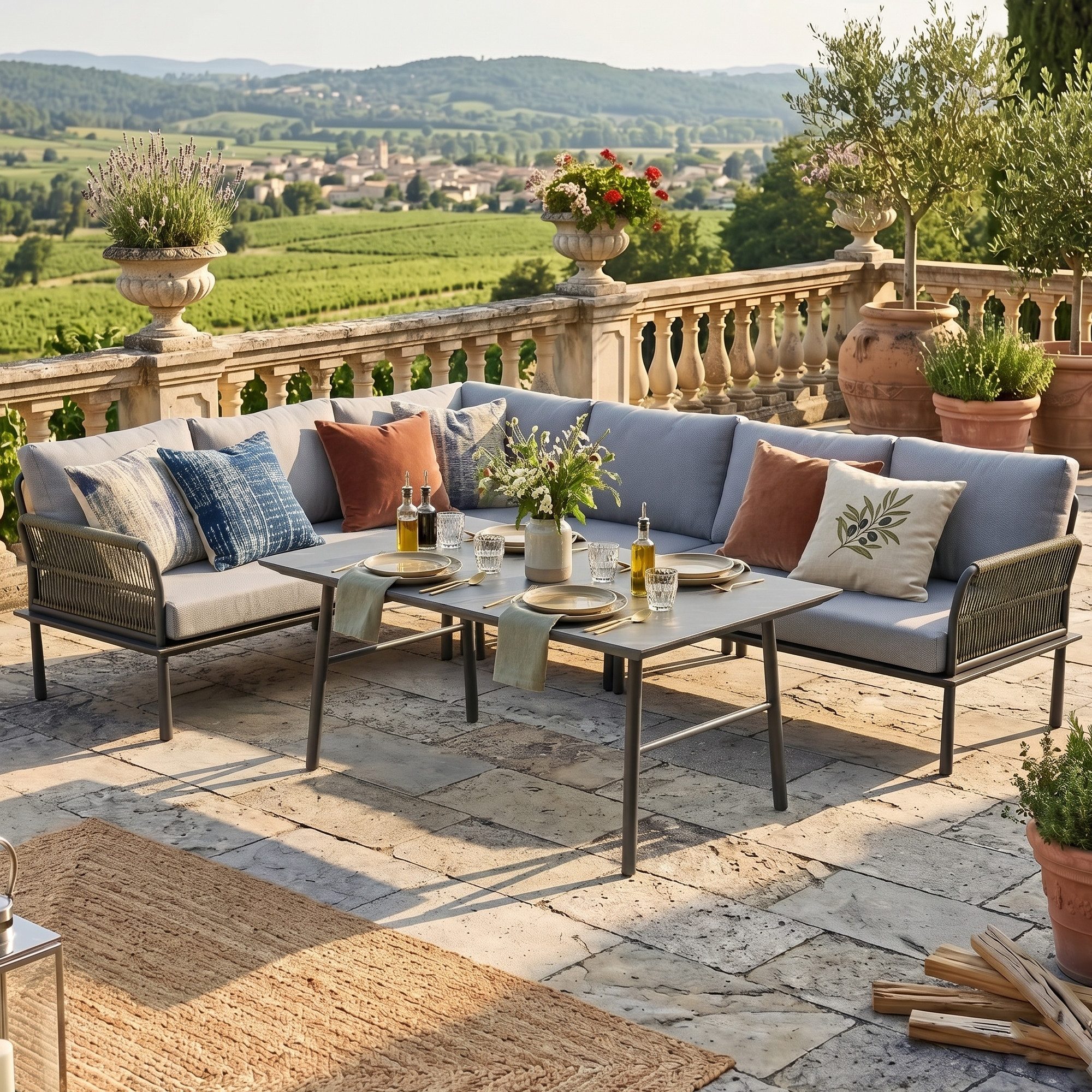 MANDALIKA Garden Loungeset Dining Lounge Set Madri Verde Alu / Polyrope Cord