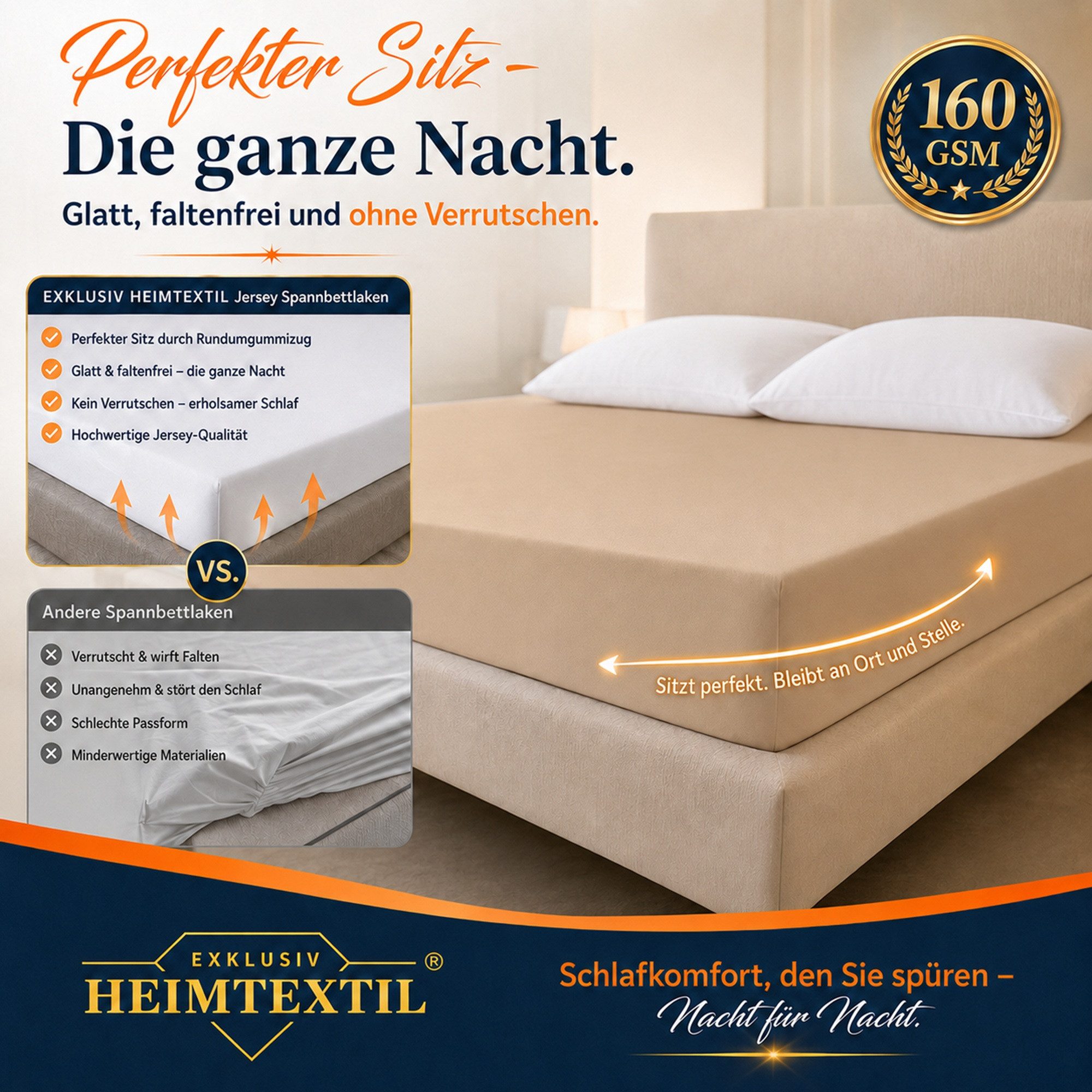 EXKLUSIV HEIMTEXTIL Spannbettlaken Jersey Spannbettlaken Deluxe Marke, Jersey, Gummizug: Rundum, (1 Stück), mit Rundumgummi, 160g/m² – Bild 3 von 5