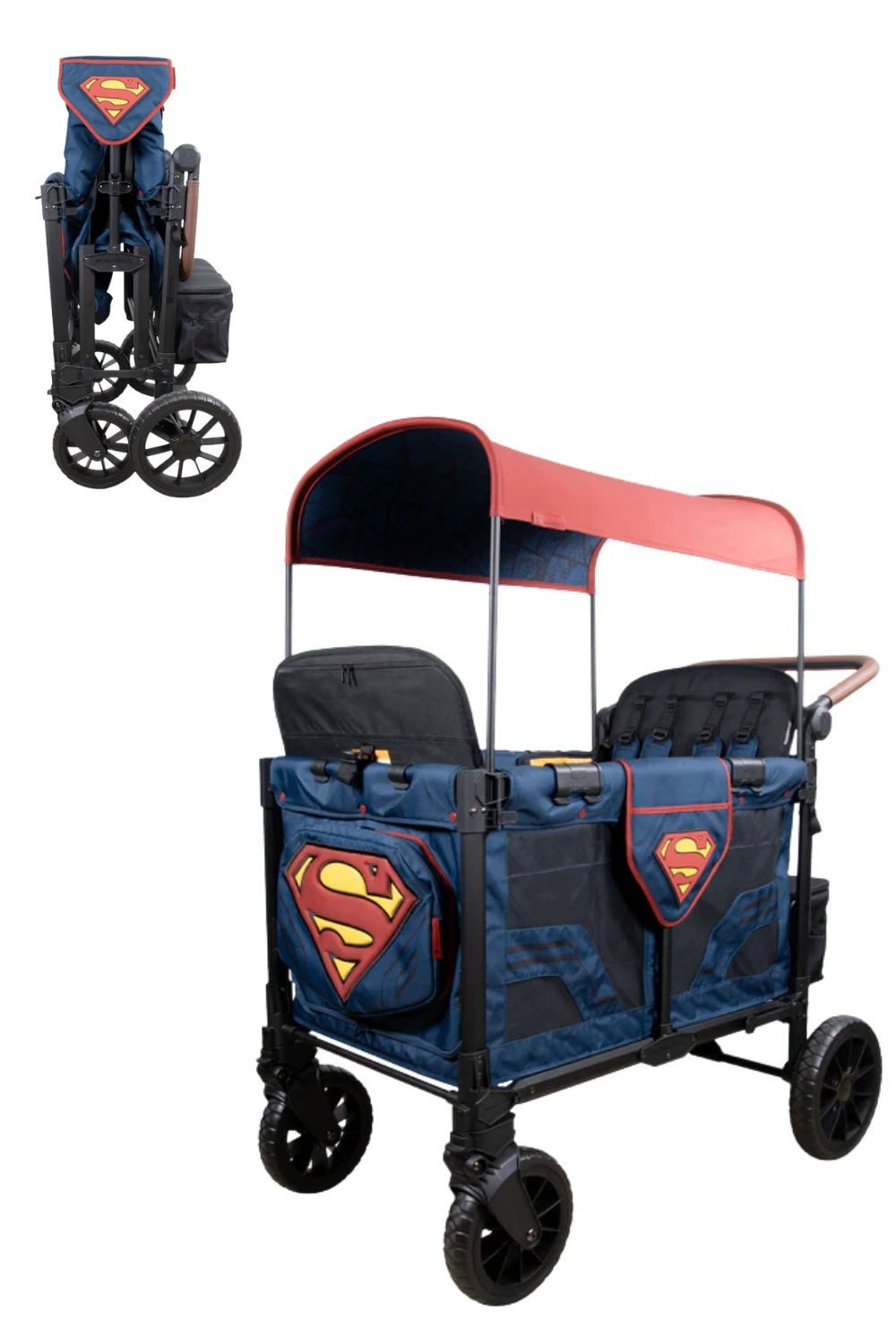 Wonderfold Bollerwagen W4 Luxe Pro Kinderwagen für 4 Kinder / Bollerwagen Superman Edition