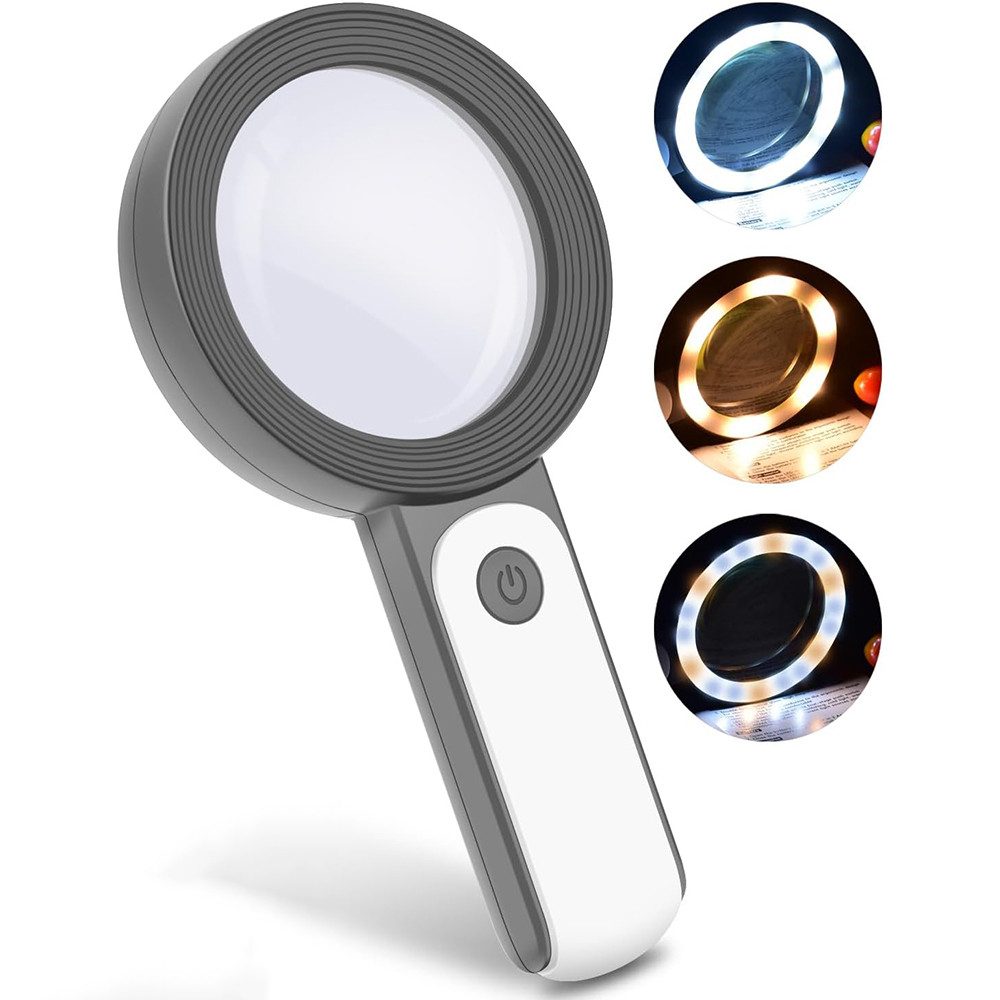 TUWENA Handlupe Lupe mit Licht, 30-Fache Leselupe, 3 Modi Handlupe mit Doppelglaslinse, Handlupe für Senioren Lesen Handwerk Münzen Briefmarken Inspektion