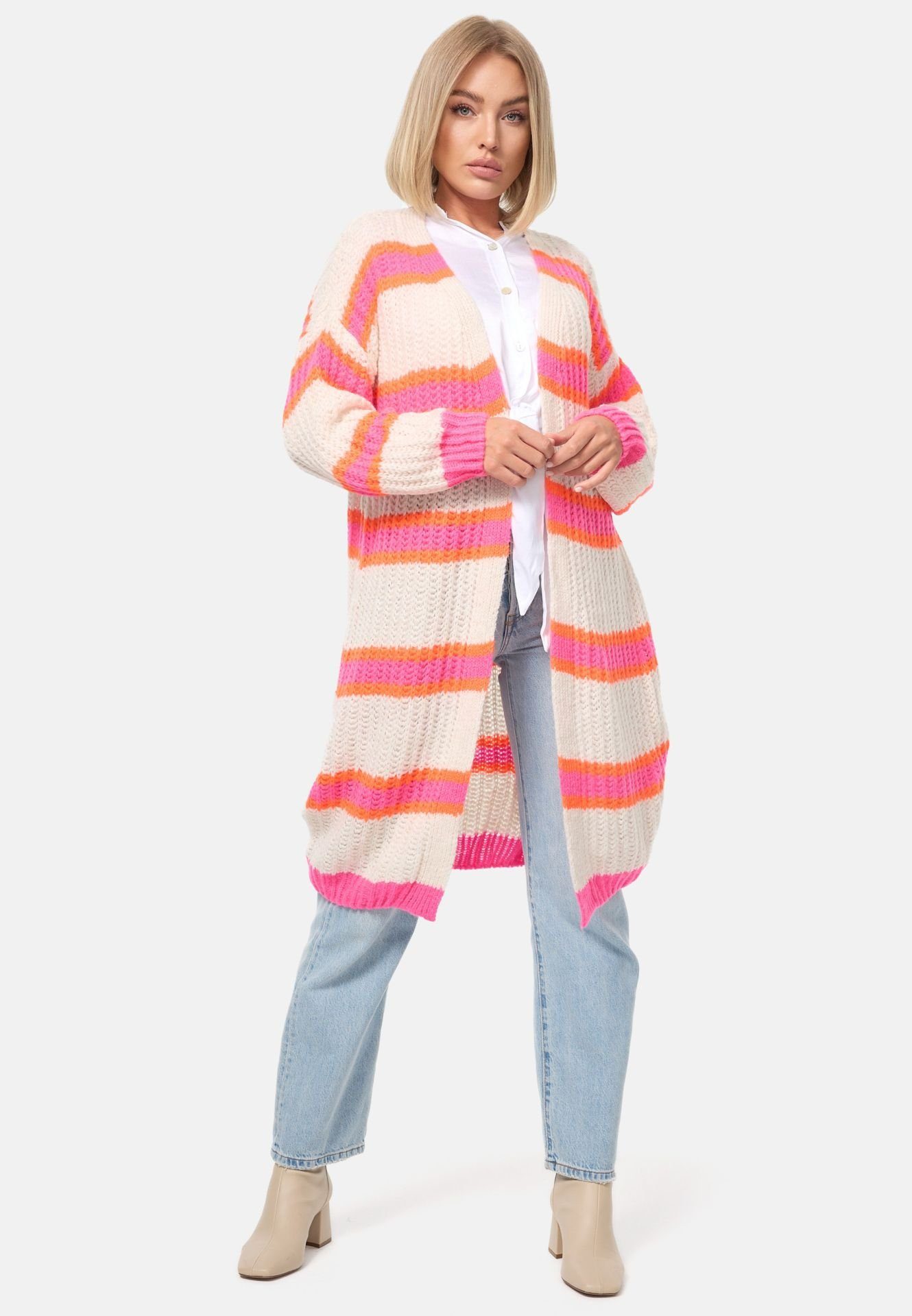 Rayshyne Longstrickjacke langer Cardigan mit Blockstreifen für Damen (Gestr günstig online kaufen
