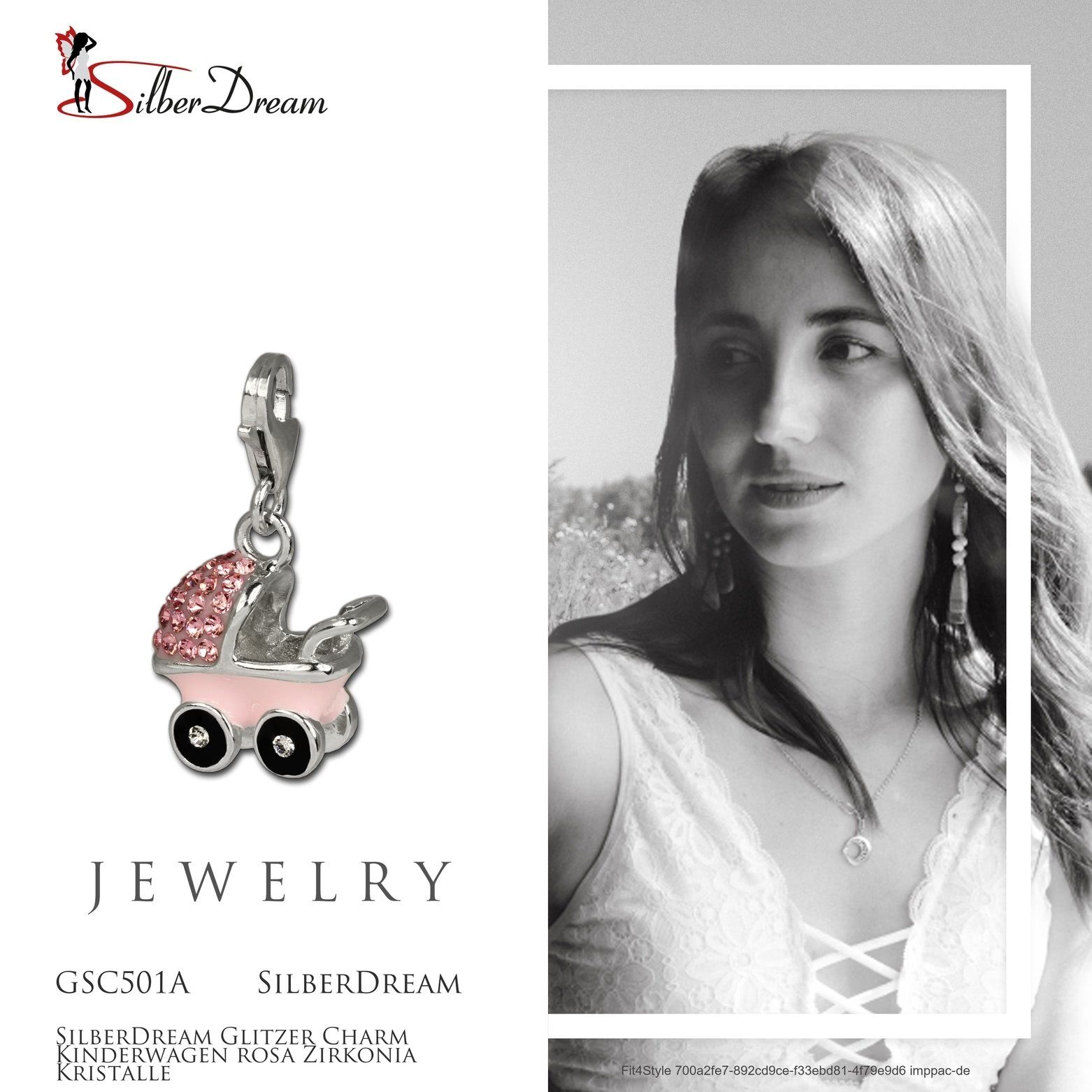 SilberDream Charm-Einhänger SilberDream rosa Charm Kinderwagen, Charmsanhänger Kinderwagen, 925 Sterling Silber, Farbe: rosa, weiß
