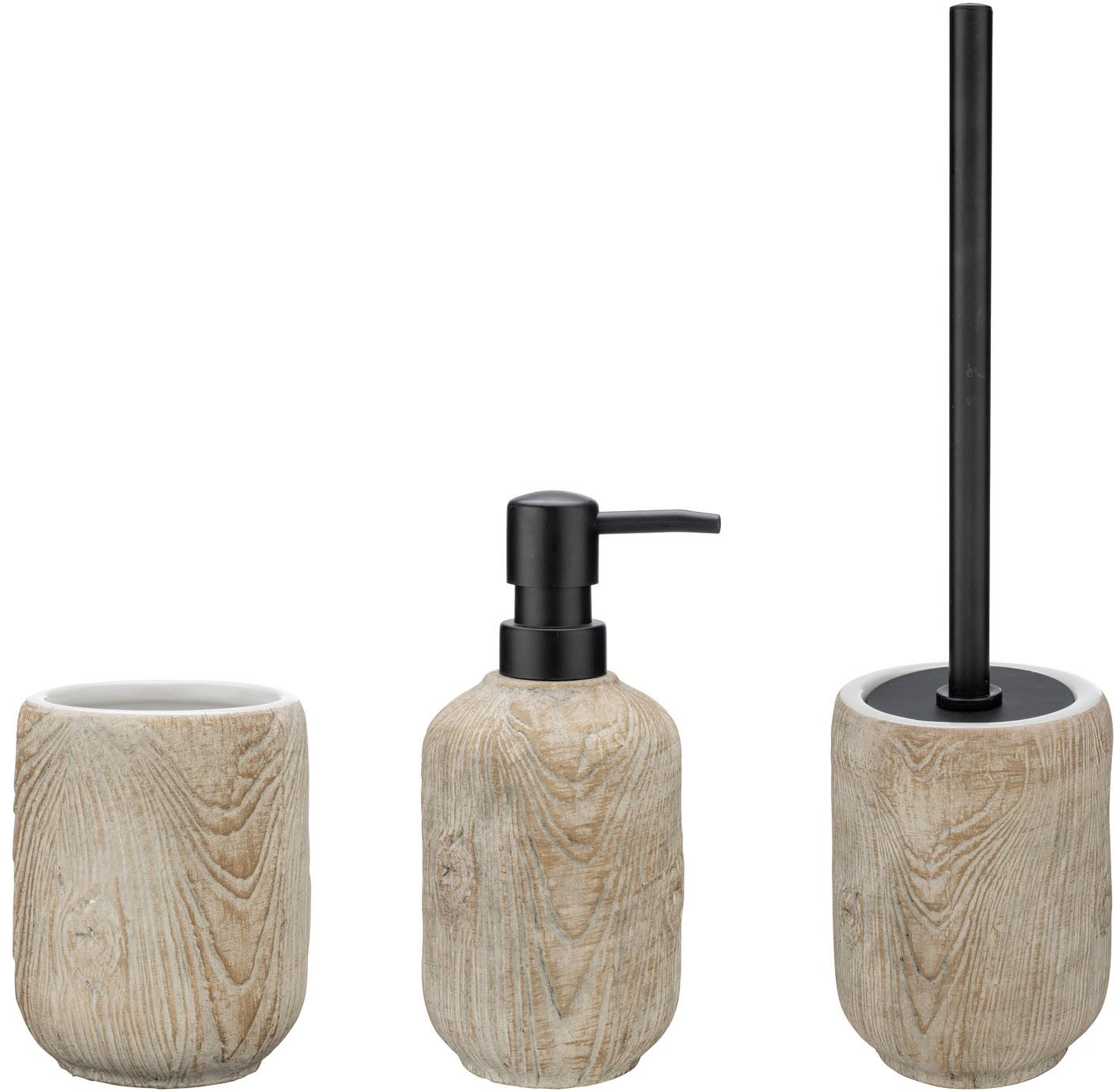 WENKO Badaccessoire-Set Florio, Set, 3 tlg., bestehend aus Seifenspender, WC-Garnitur, Zahnputzbecher in Holz-Optik