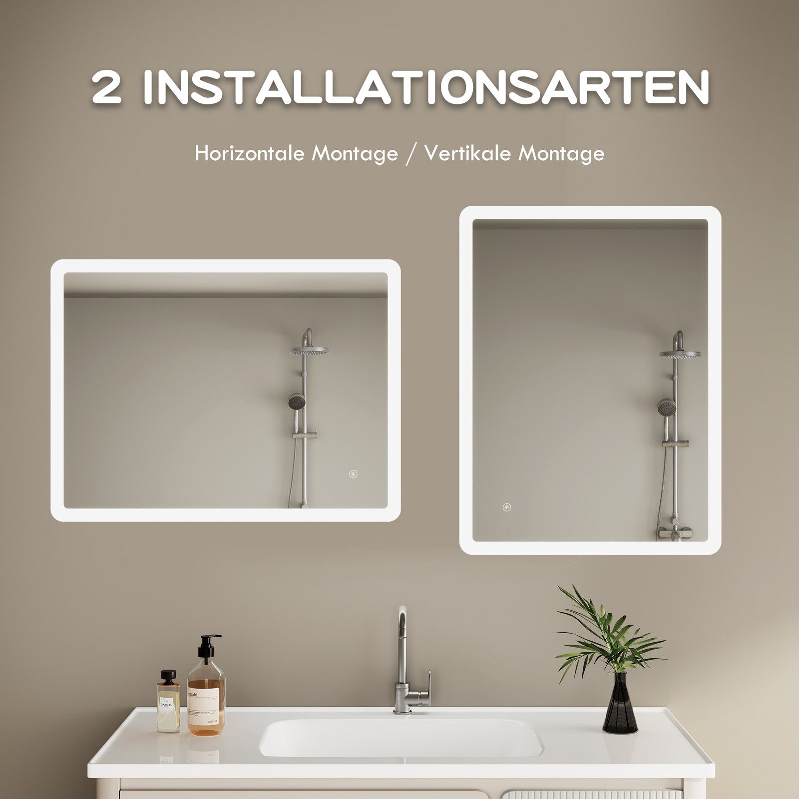 IMPTS Badspiegel Badezimmer Wand spiegel mit Beleuchtung Dimmbar-Funktion (Set, tageslichtweiß, IP44, Dimmbar, Vertikal/Horizontal Montage), Lichtspiegel Beschl – Bild 4 von 5