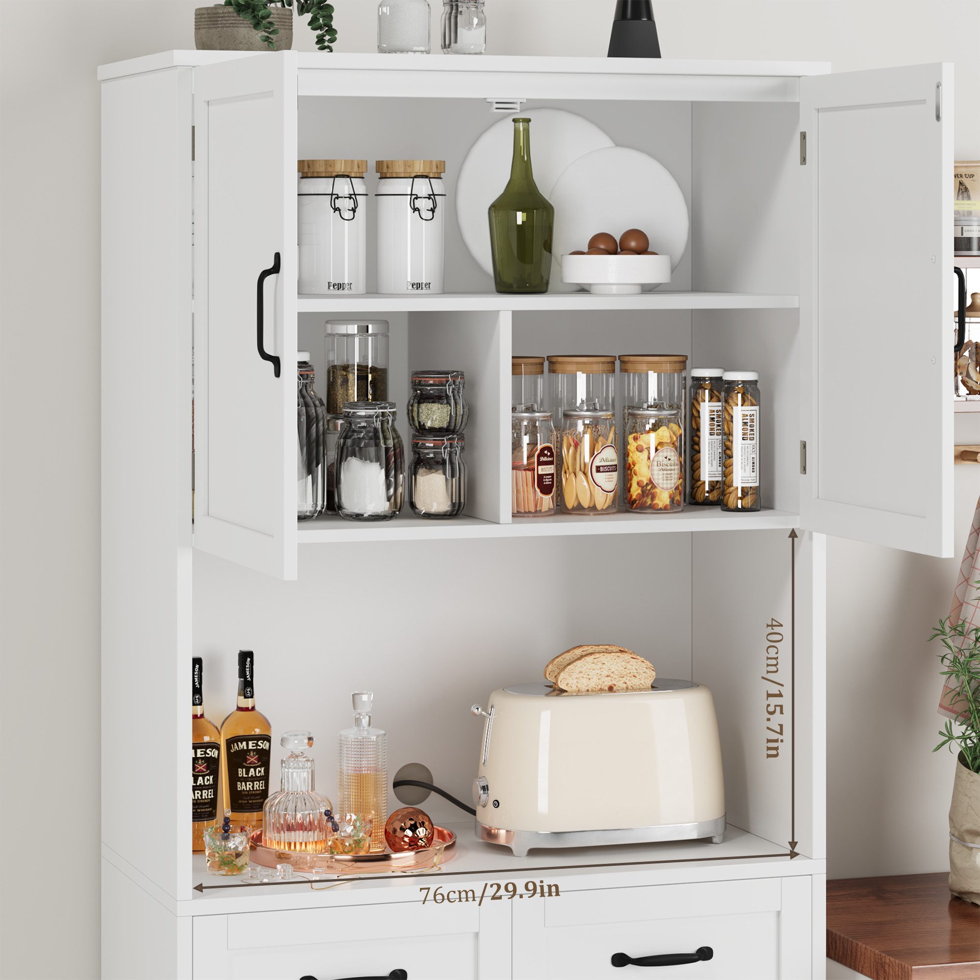 HOMECHO Hochschrank Küchenbuffet mit 4 Türen 2 Schubladen und offenen Fächern – Bild 4 von 5